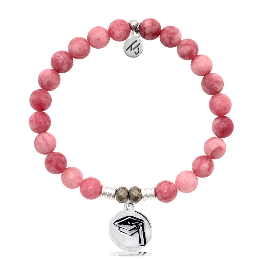 Pink Jade Stone Bracelet with Grad Cap Sterling Silver Charm