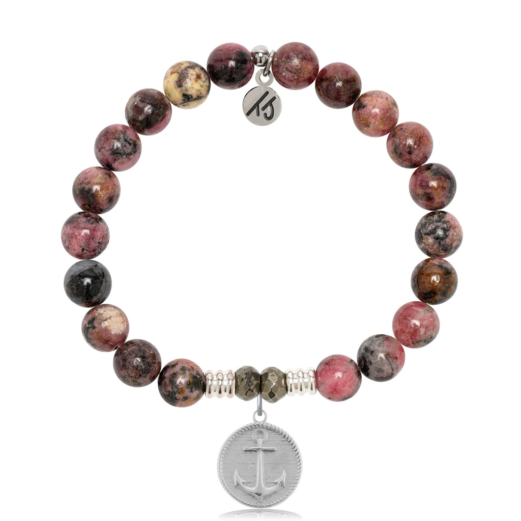 Pink Rhodonite Gemstone Bracelet with Anchor Sterling Silver Charm