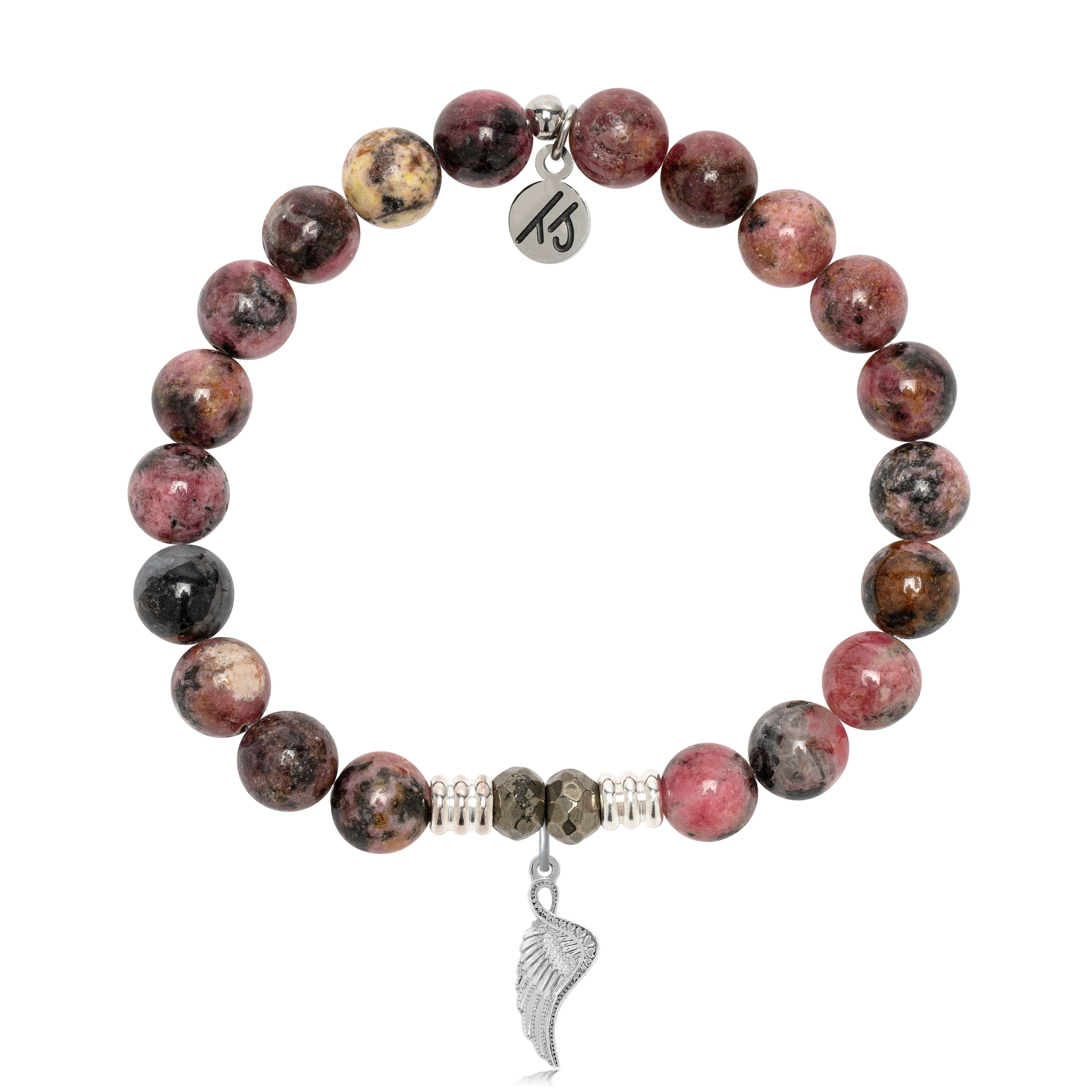 Pink Rhodonite Gemstone Bracelet with Angel Blessings Sterling Silver Charm