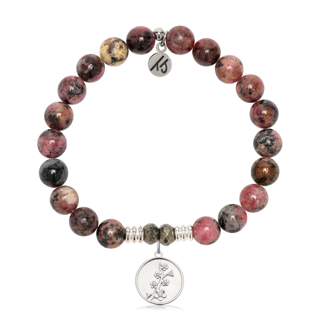 Pink Rhodonite Gemstone Bracelet with Cherry Blossom Sterling Silver Charm