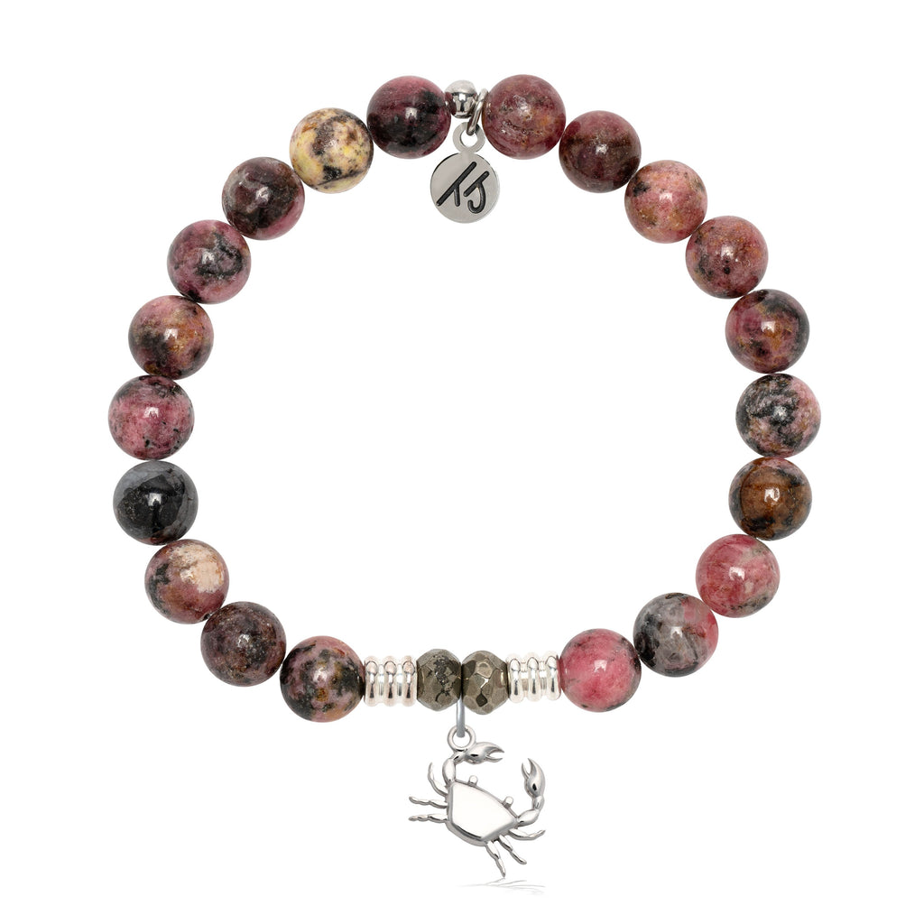 Pink Rhodonite Gemstone Bracelet with Crab Sterling Silver Charm