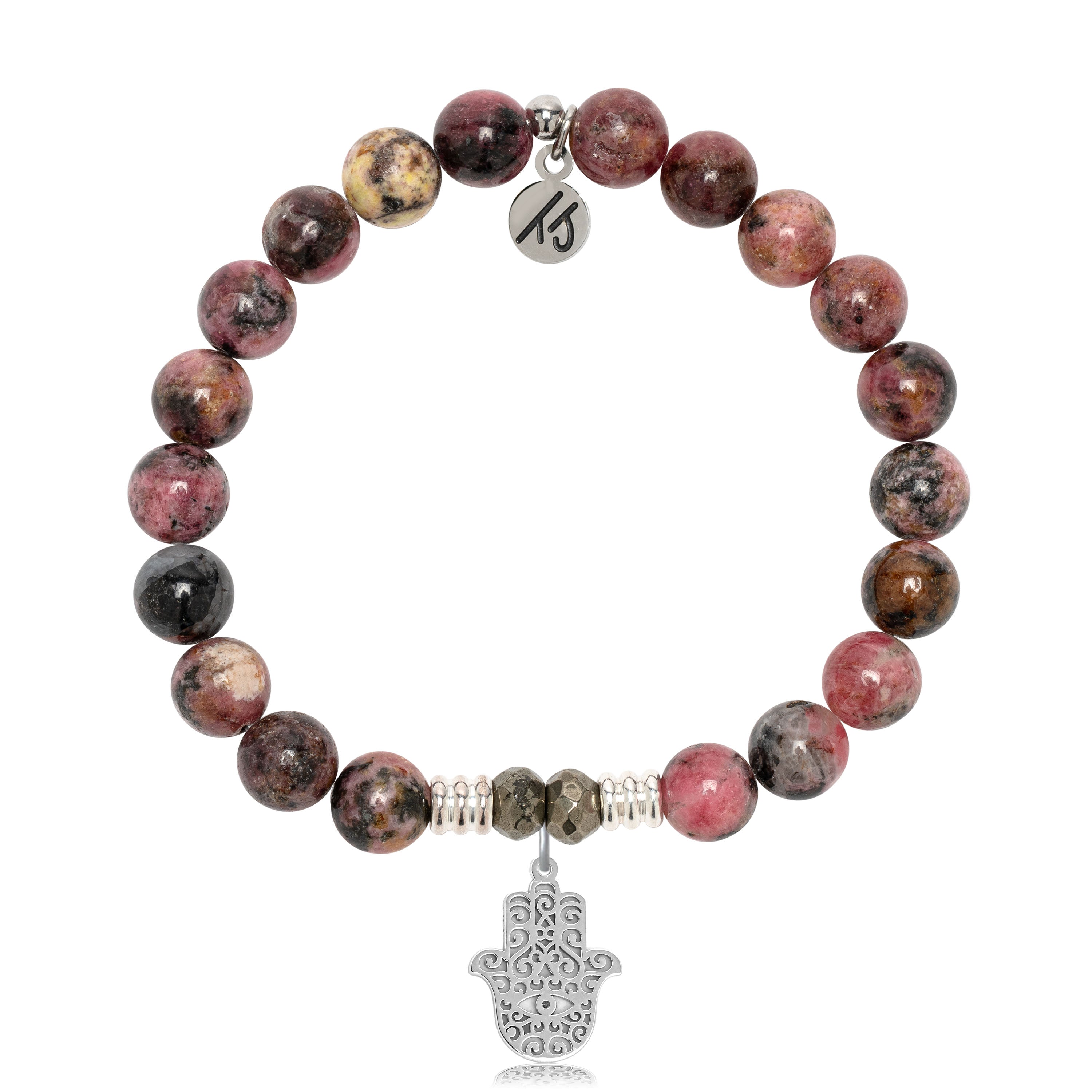 Pink Rhodonite Gemstone Bracelet with Hamsa Sterling Silver Charm