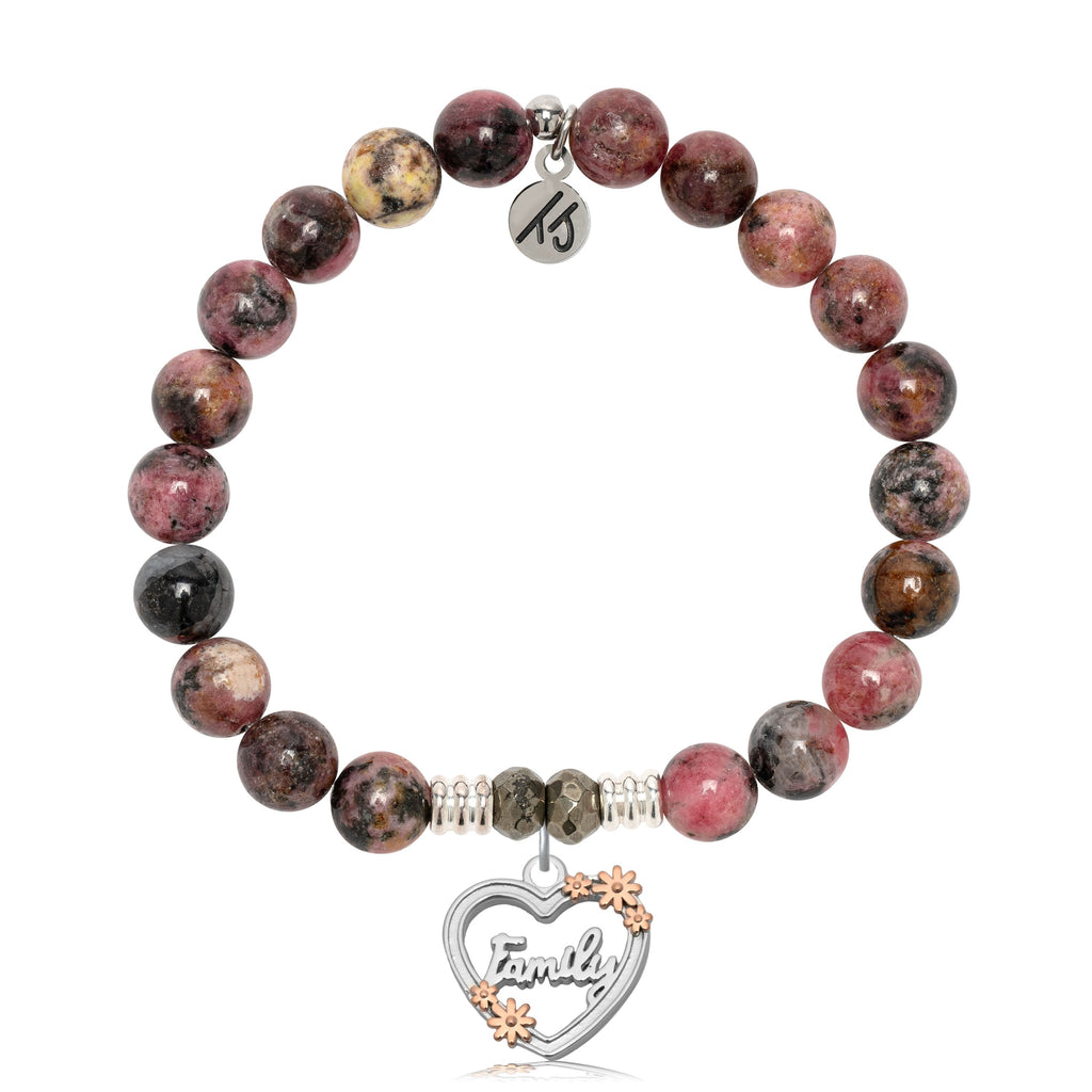 Pink Rhodonite Gemstone Bracelet with Heart Family Sterling Silver Charm