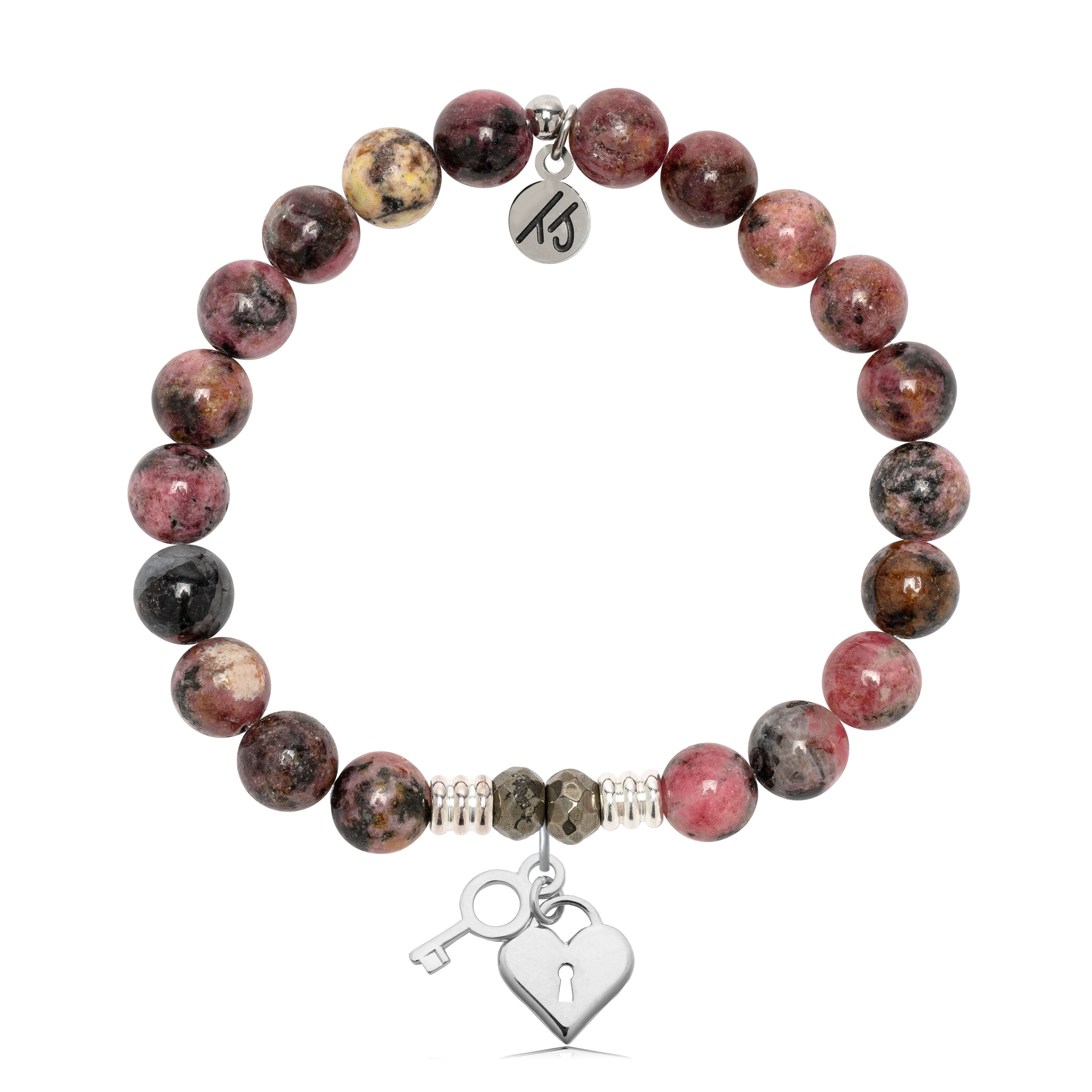 Pink Rhodonite Gemstone Bracelet with Key to my Heart Sterling Silver Charm