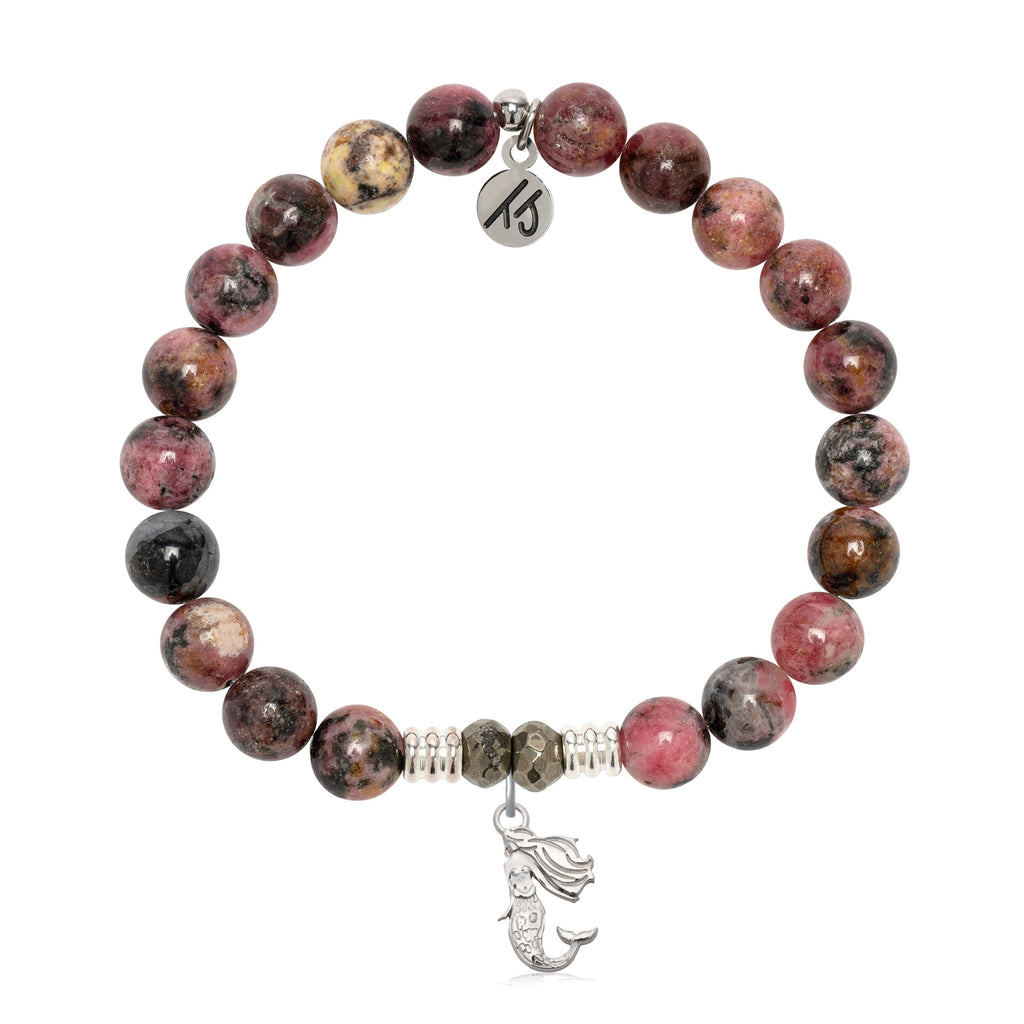 Pink Rhodonite Gemstone Bracelet with Mermaid Cutout Sterling Silver Charm