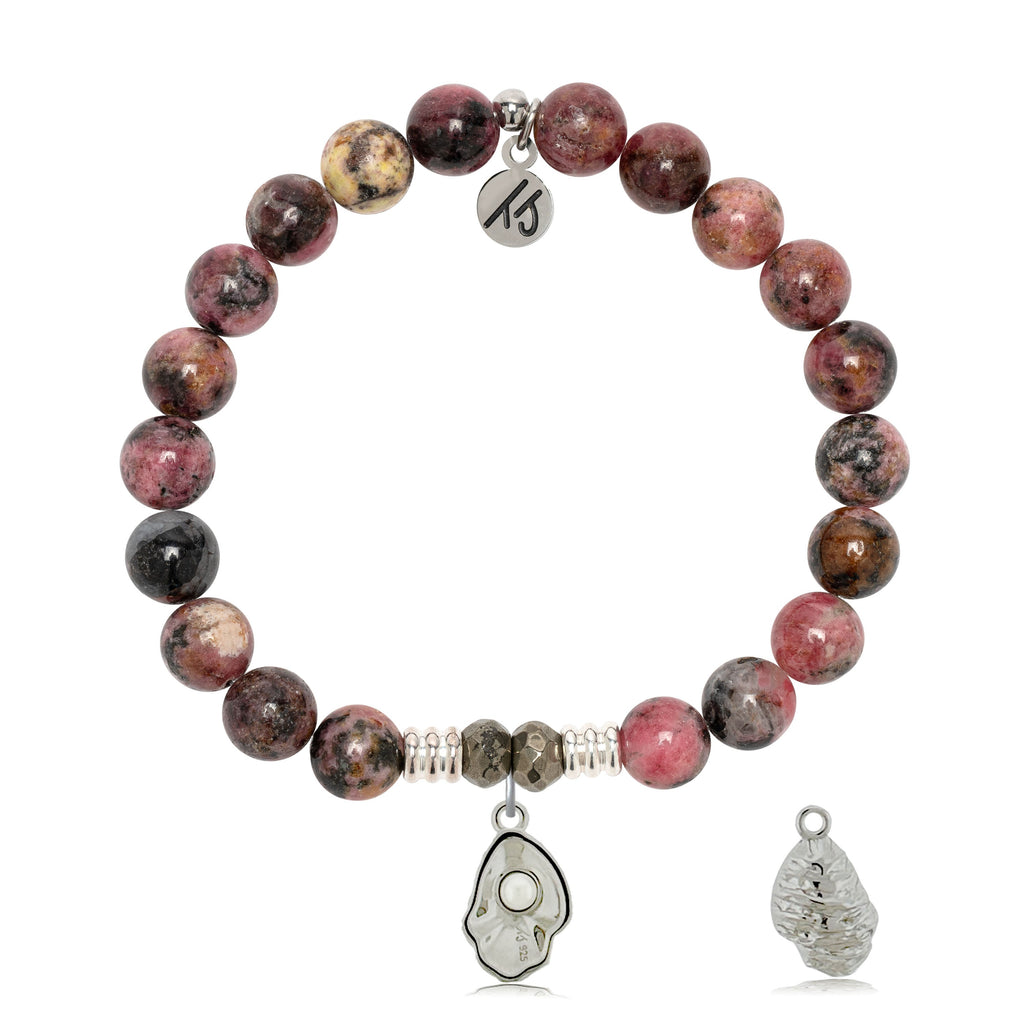 Pink Rhodonite Gemstone Bracelet with Oyster Sterling Silver Charm
