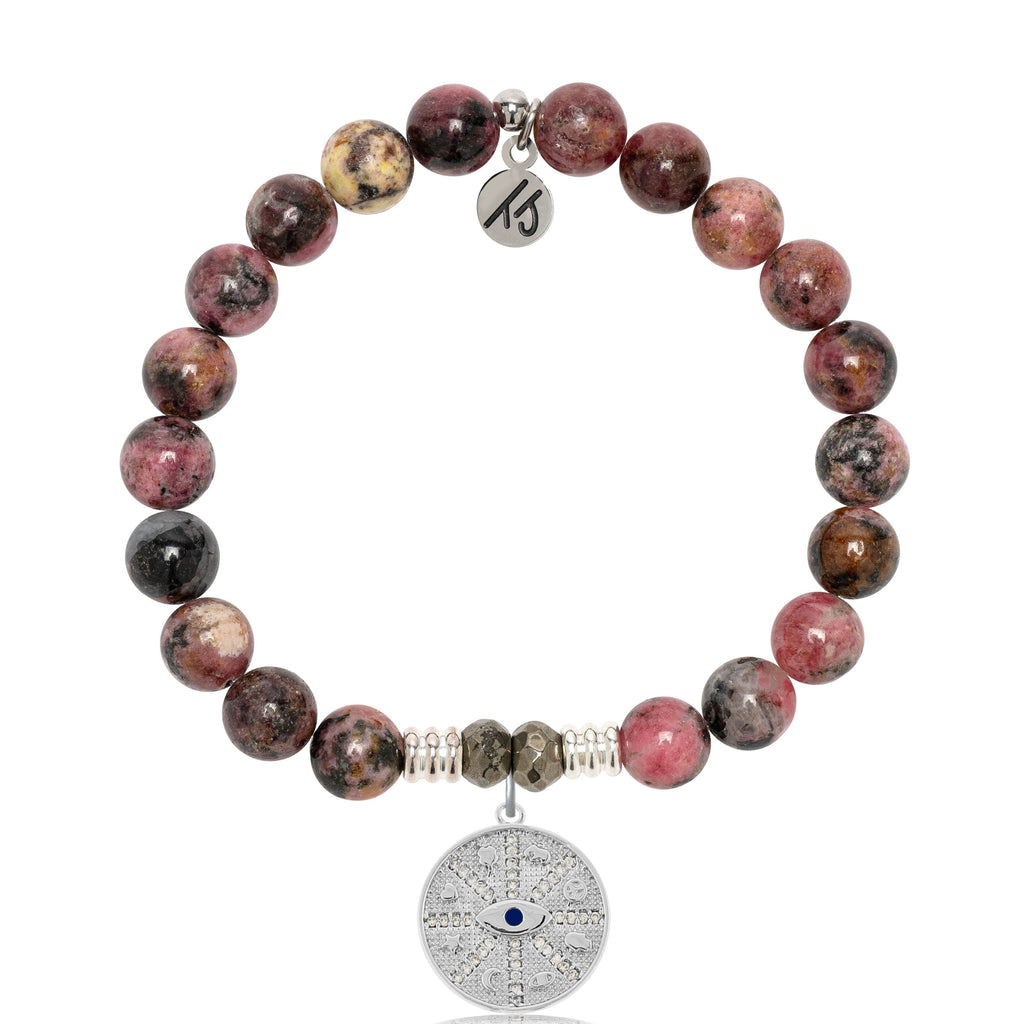 Pink Rhodonite Gemstone Bracelet with Protection Sterling Silver Charm