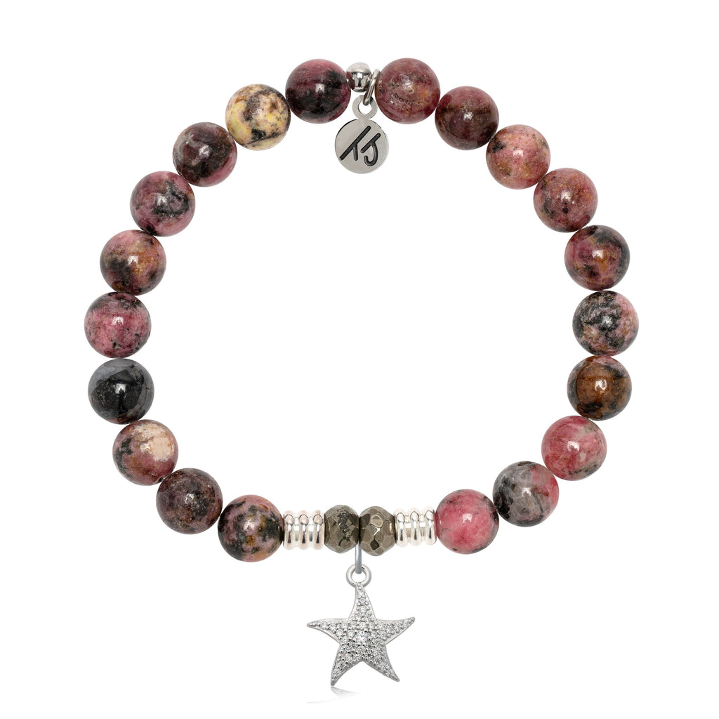 Pink Rhodonite Gemstone Bracelet with Starfish CZ Sterling Silver Charm