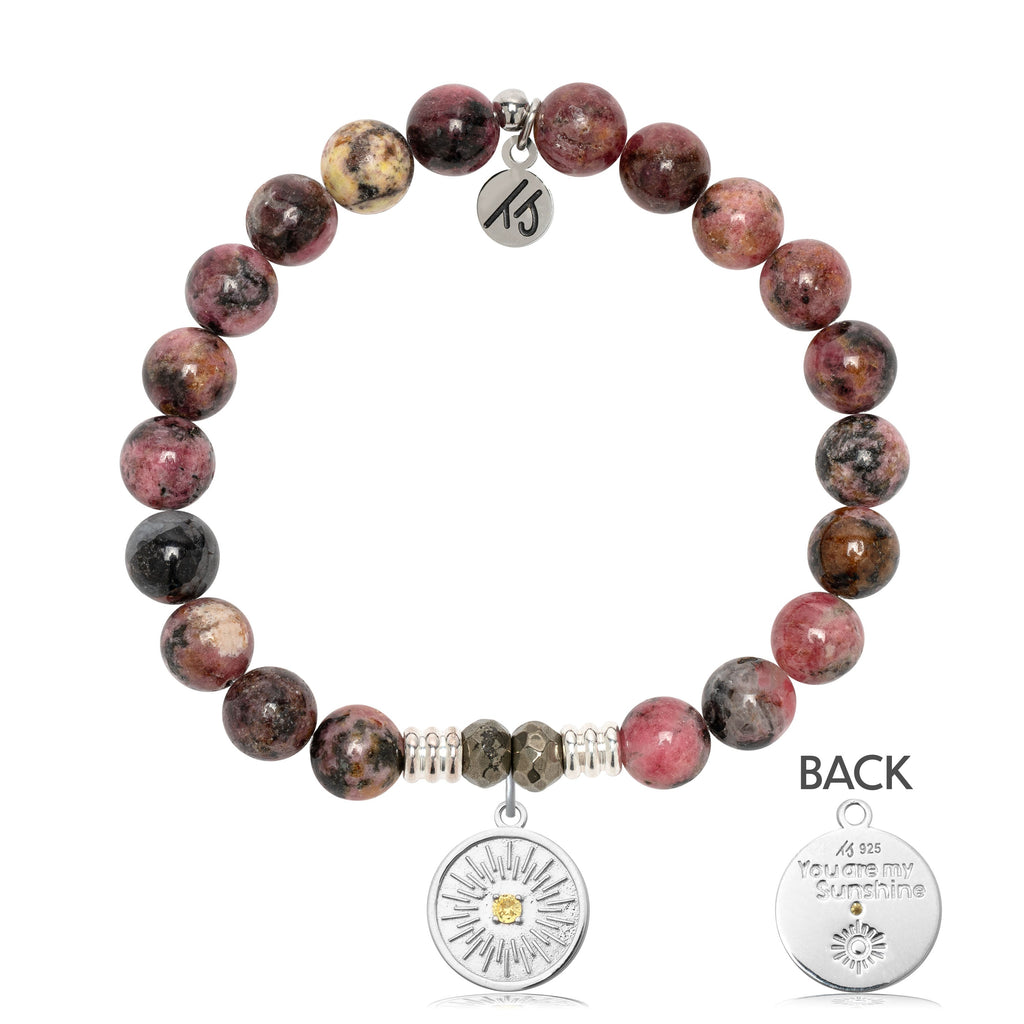 Pink Rhodonite Gemstone Bracelet with You Are My Sunshine Sterling Silver Charm