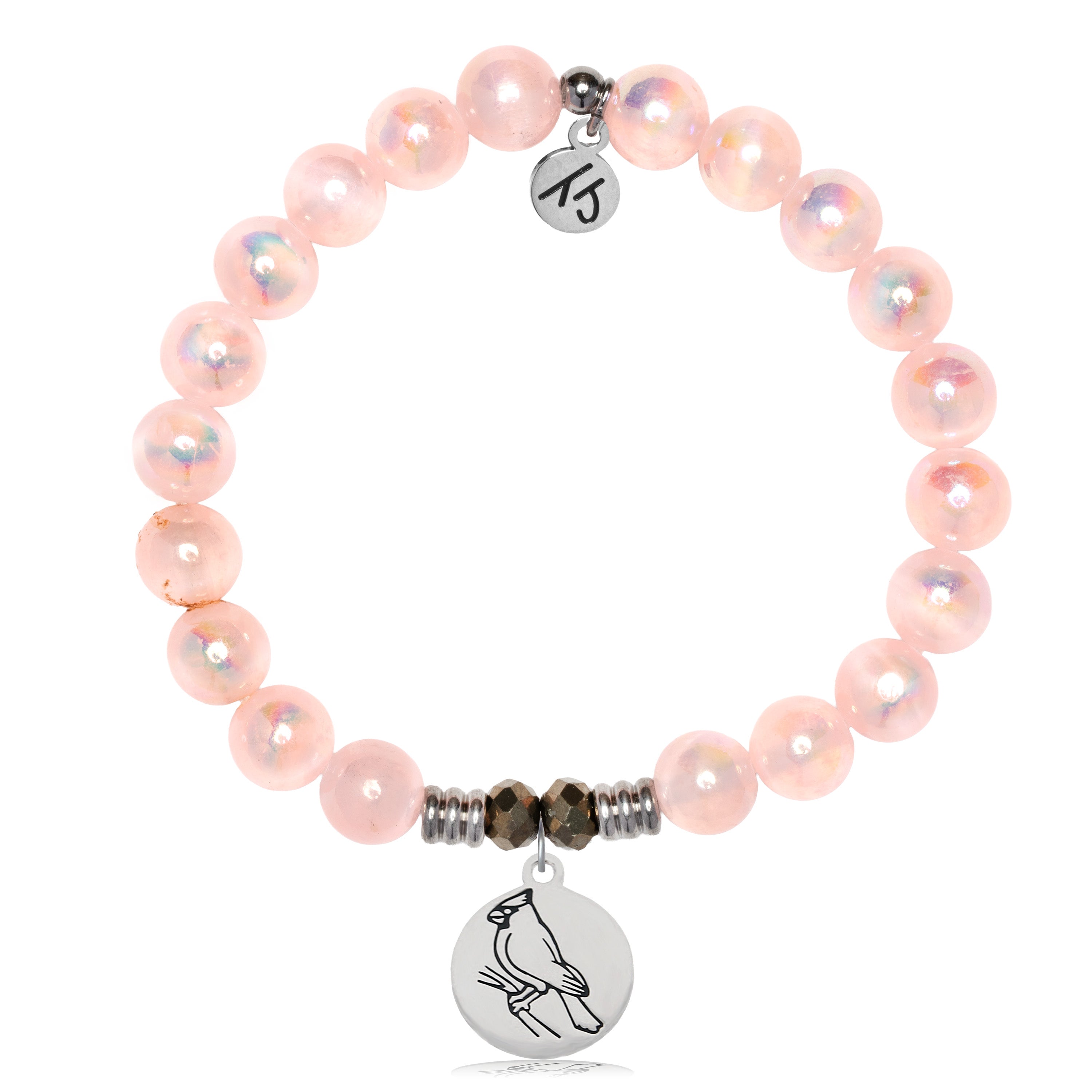 Pink Selenite Gemstone Bracelet with Cardinal Sterling Silver Charm