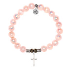 Pink Selenite Gemstone Bracelet with Cross CZ Sterling Silver Charm