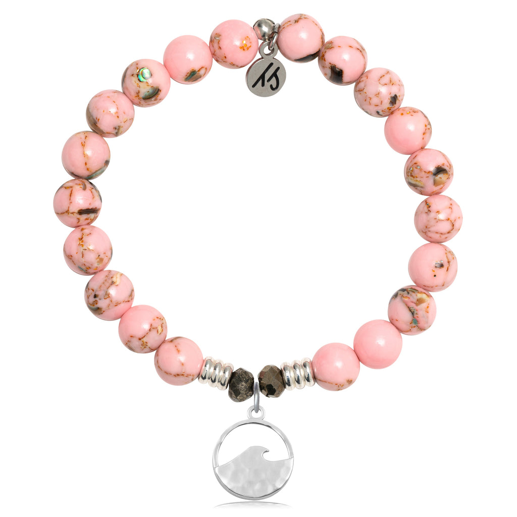 Pink Shell Stone Bracelet with Hammered Waves Sterling Silver Charm