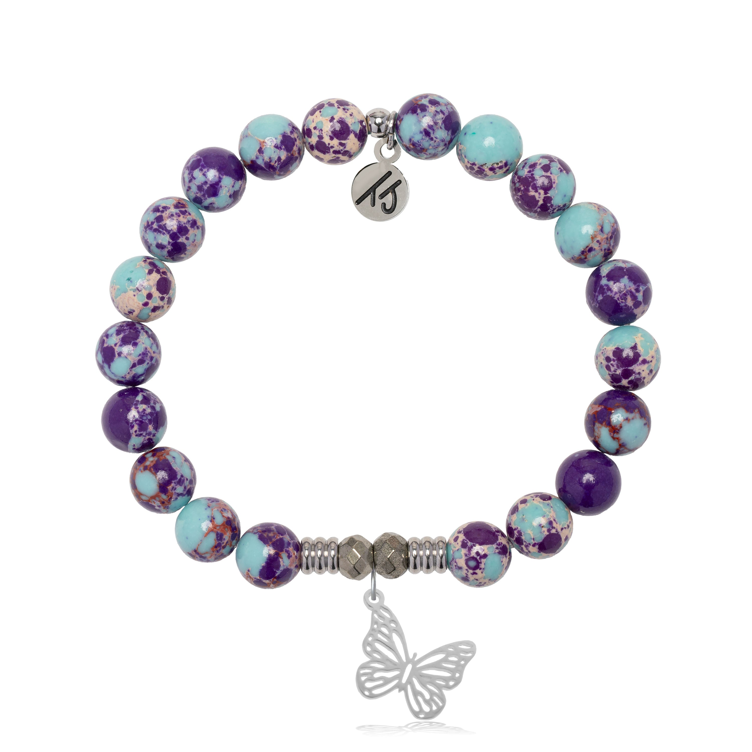 Purple Blue Jasper Gemstone Bracelet with Butterfly Sterling Silver Charm