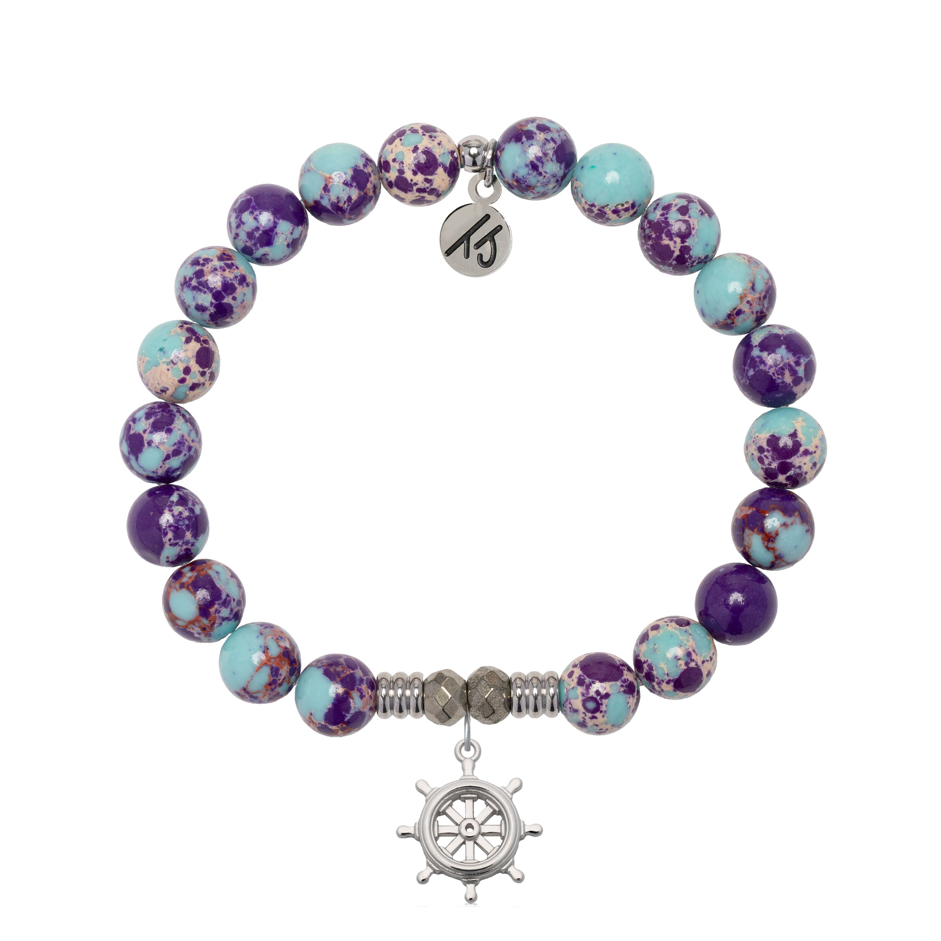 Purple Blue Jasper Gemstone Bracelet with Captain Wheel Sterling Silver Charm