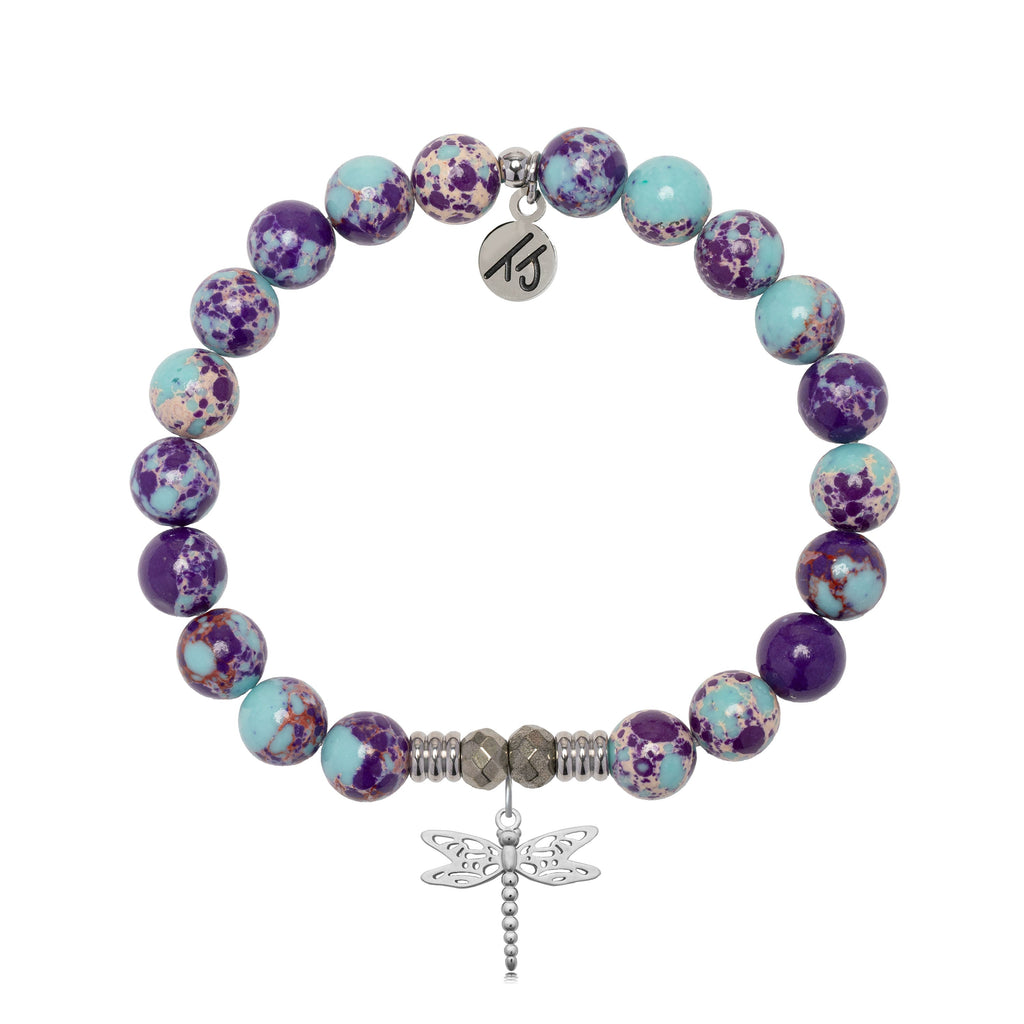 Purple Blue Jasper Gemstone Bracelet with Dragonfly Sterling Silver Charm