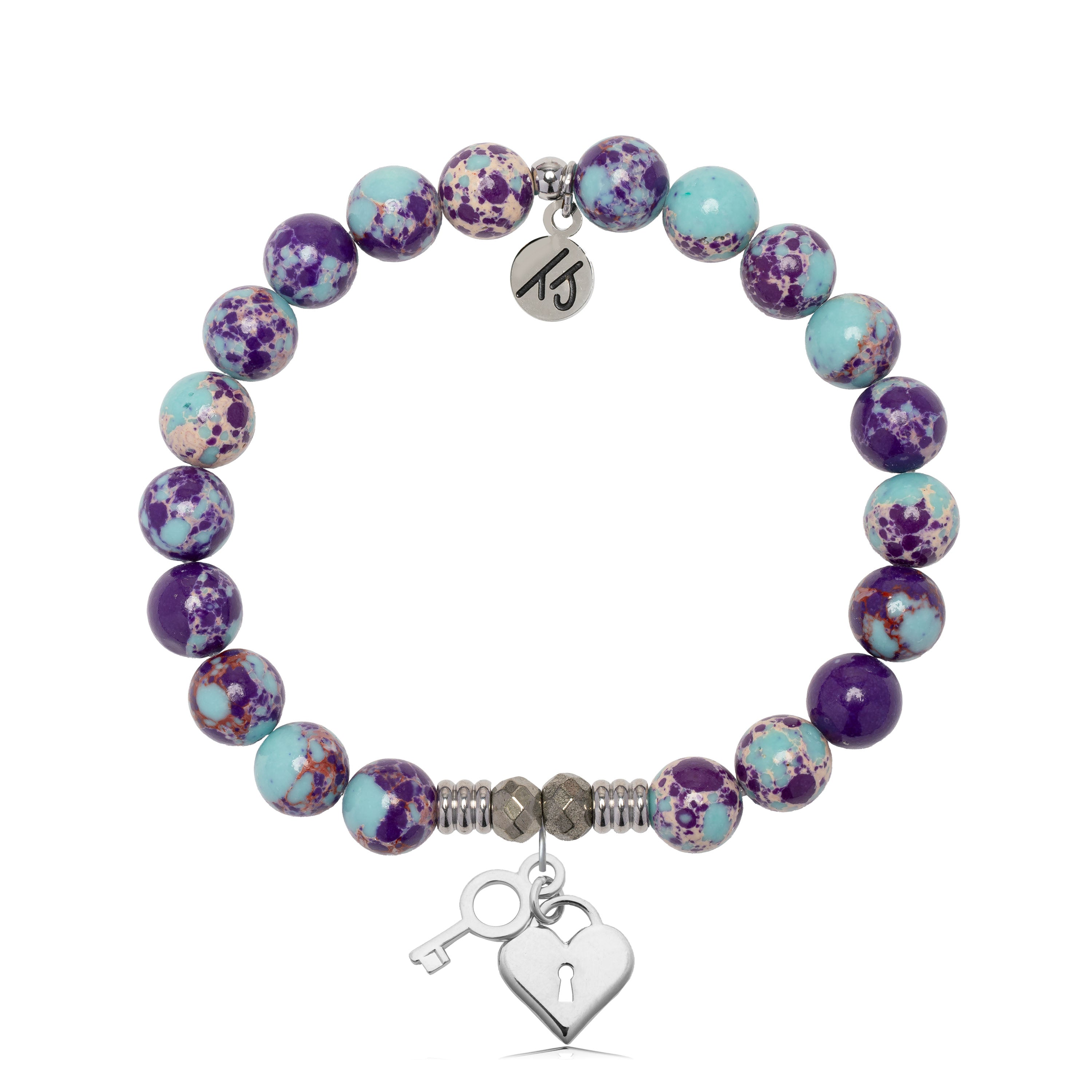 Purple Blue Jasper Gemstone Bracelet with Key to My Heart Sterling Silver Charm