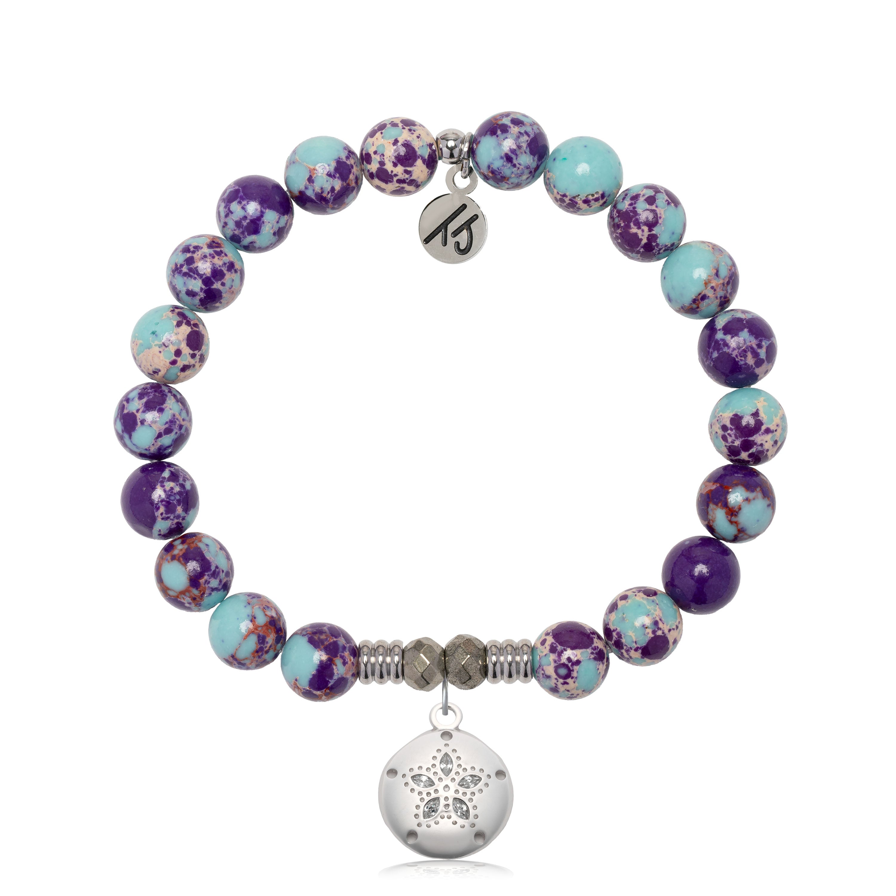Purple Blue Jasper Gemstone Bracelet with Sand Dollar CZ Sterling Silver Charm