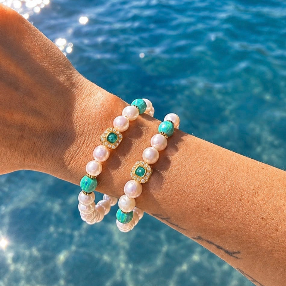 Rare Live Limited Edition Golden Green Opal with Pearl Gemstone Bracelet