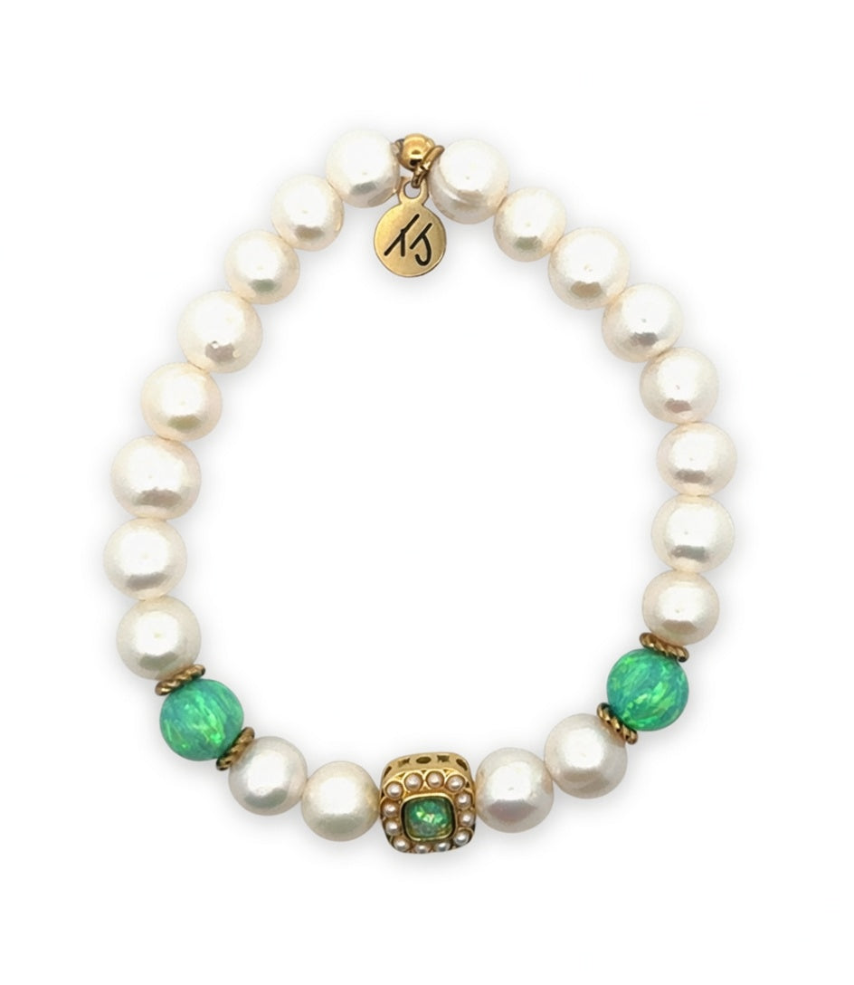 Rare Live Limited Edition Golden Green Opal with Pearl Gemstone Bracelet