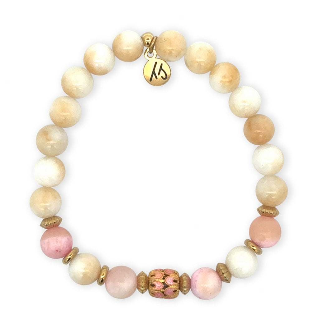 Rare Live Limited Edition Golden Pink Bloom with Yellow White Jade Gemstone Bracelet