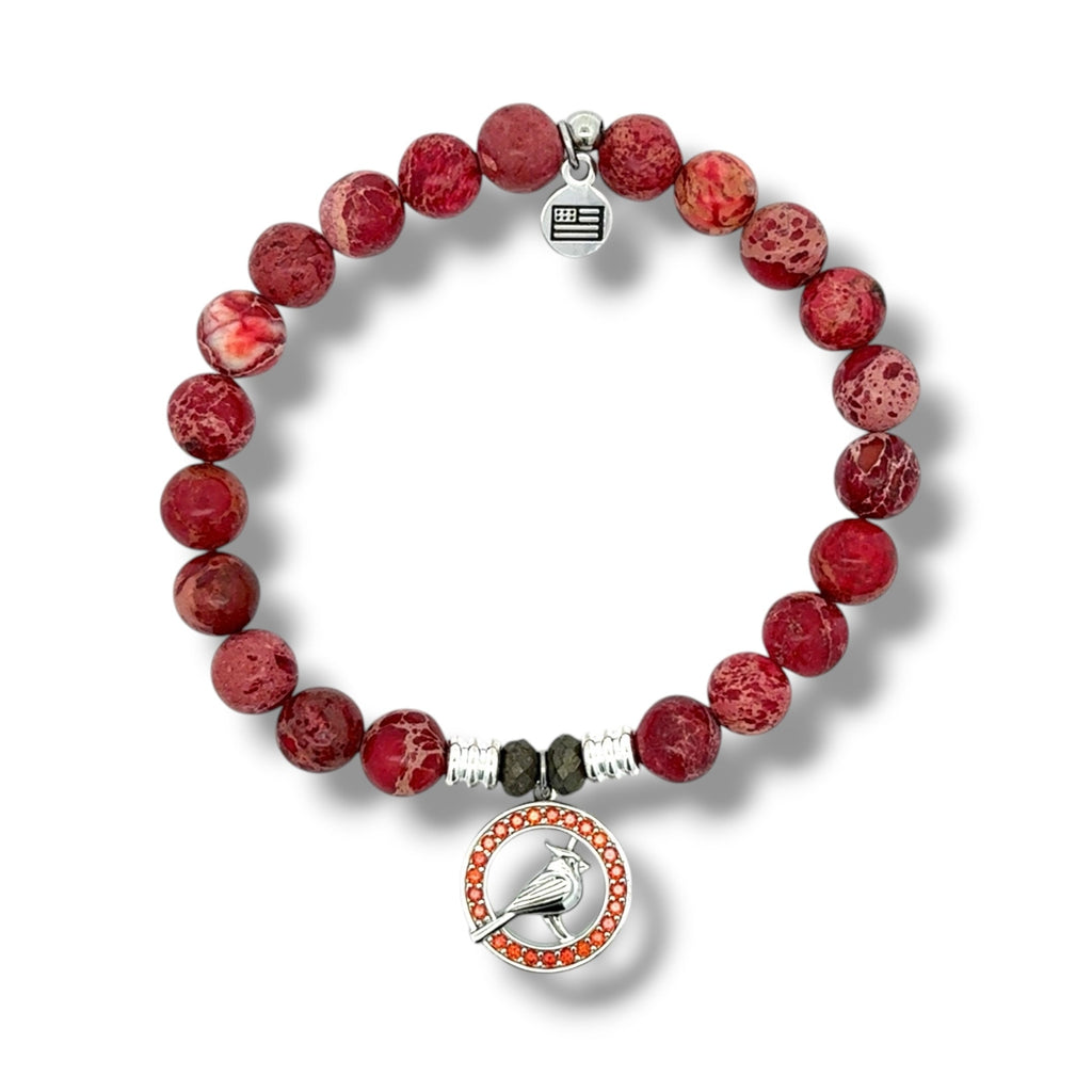 Red Jasper Moonstone Gemstone Bracelet with Cardinal Garnet CZ Sterling Silver Charm