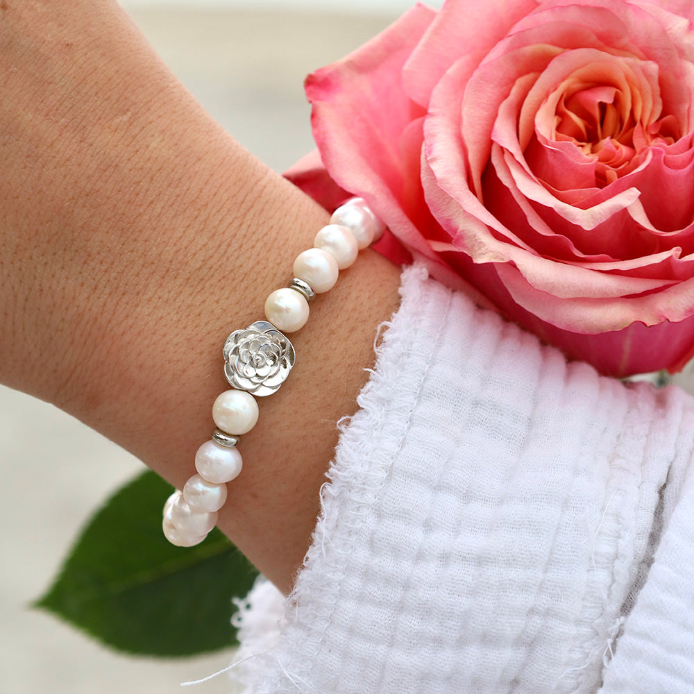 Rose Collection- White Pearl Bracelet with Sterling Silver Rose Bead