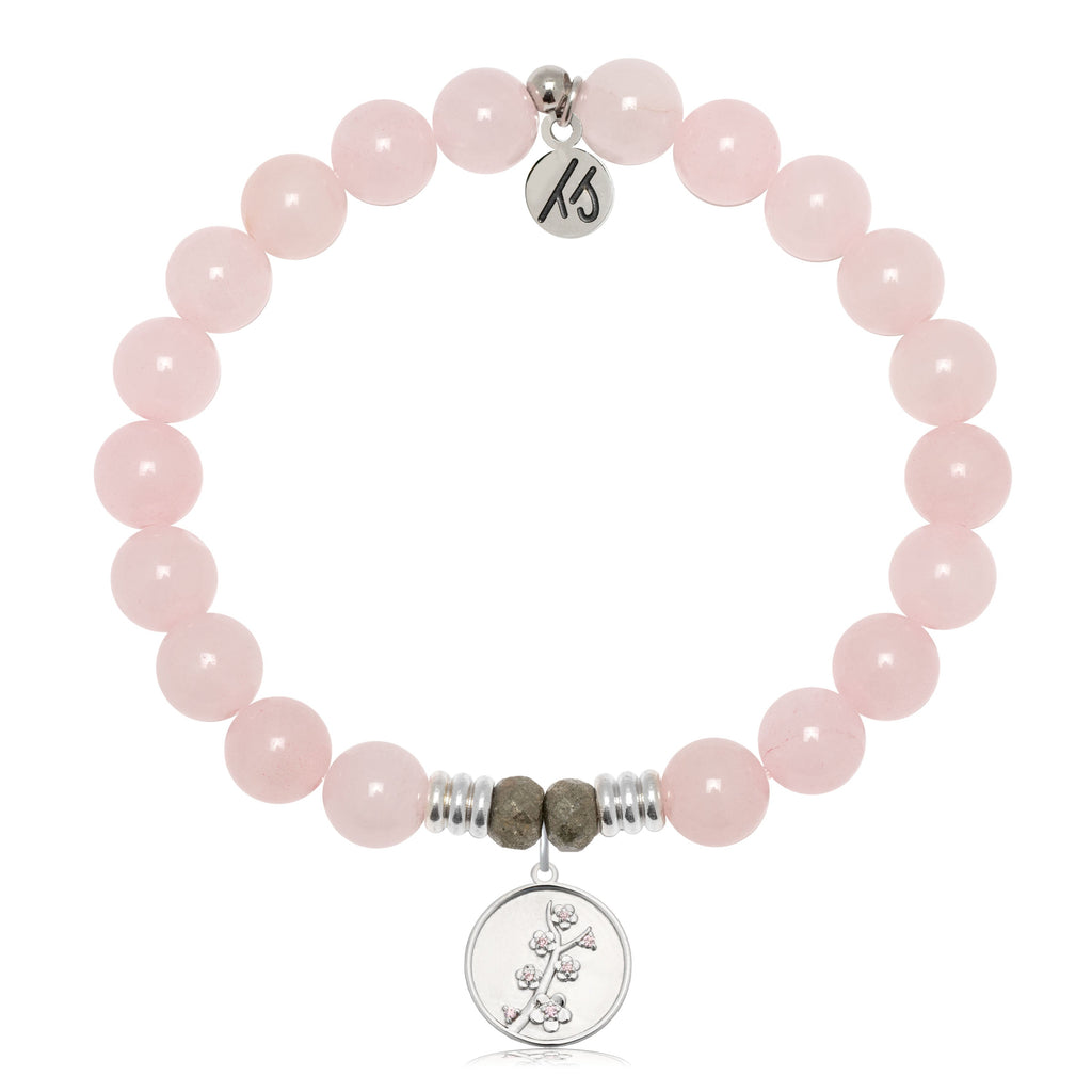 Rose Quartz Gemstone Bracelet with Cherry Blossom Sterling Silver Charm