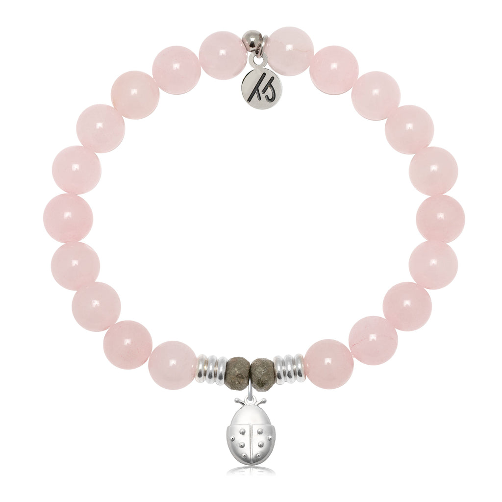 Rose Quartz Gemstone Bracelet with Ladybug Sterling Silver Charm