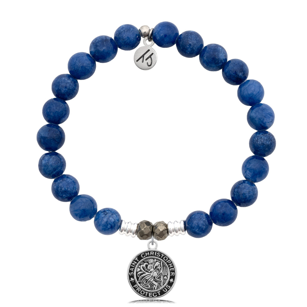 Royal Jade Stone Bracelet with Saint Christopher Sterling Silver Charm