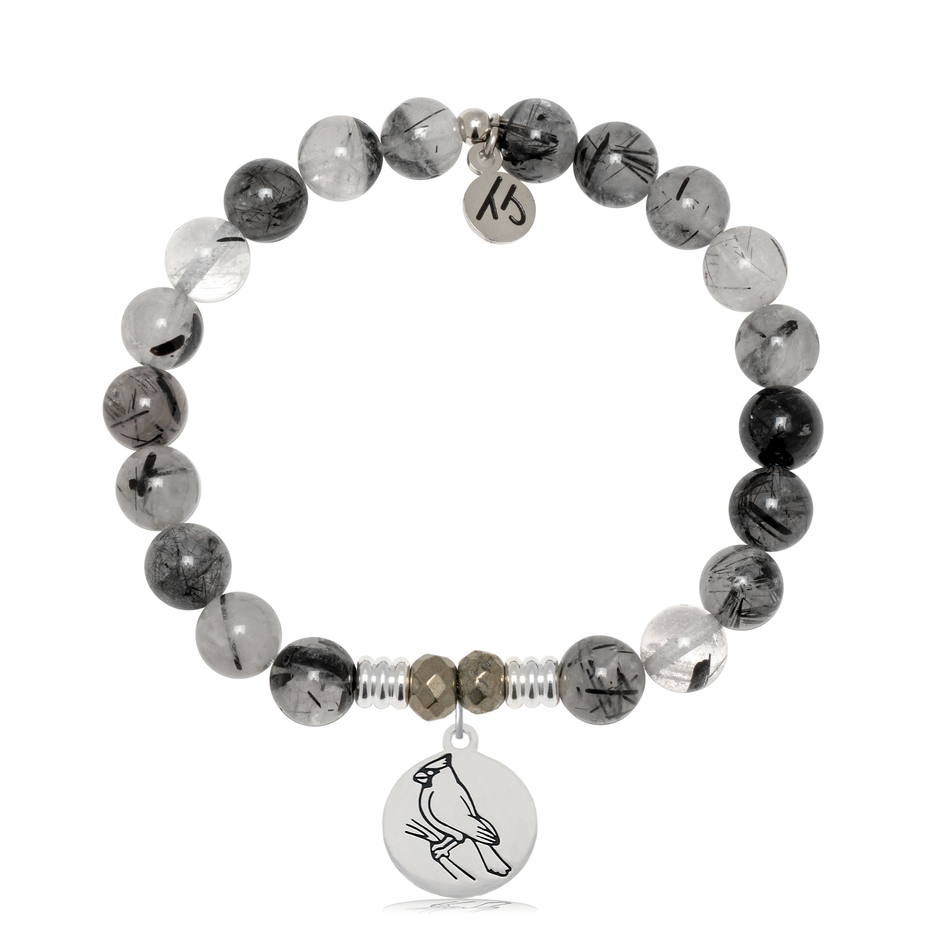 Rutilated Quartz Gemstone Bracelet with Cardinal Sterling Silver Charm