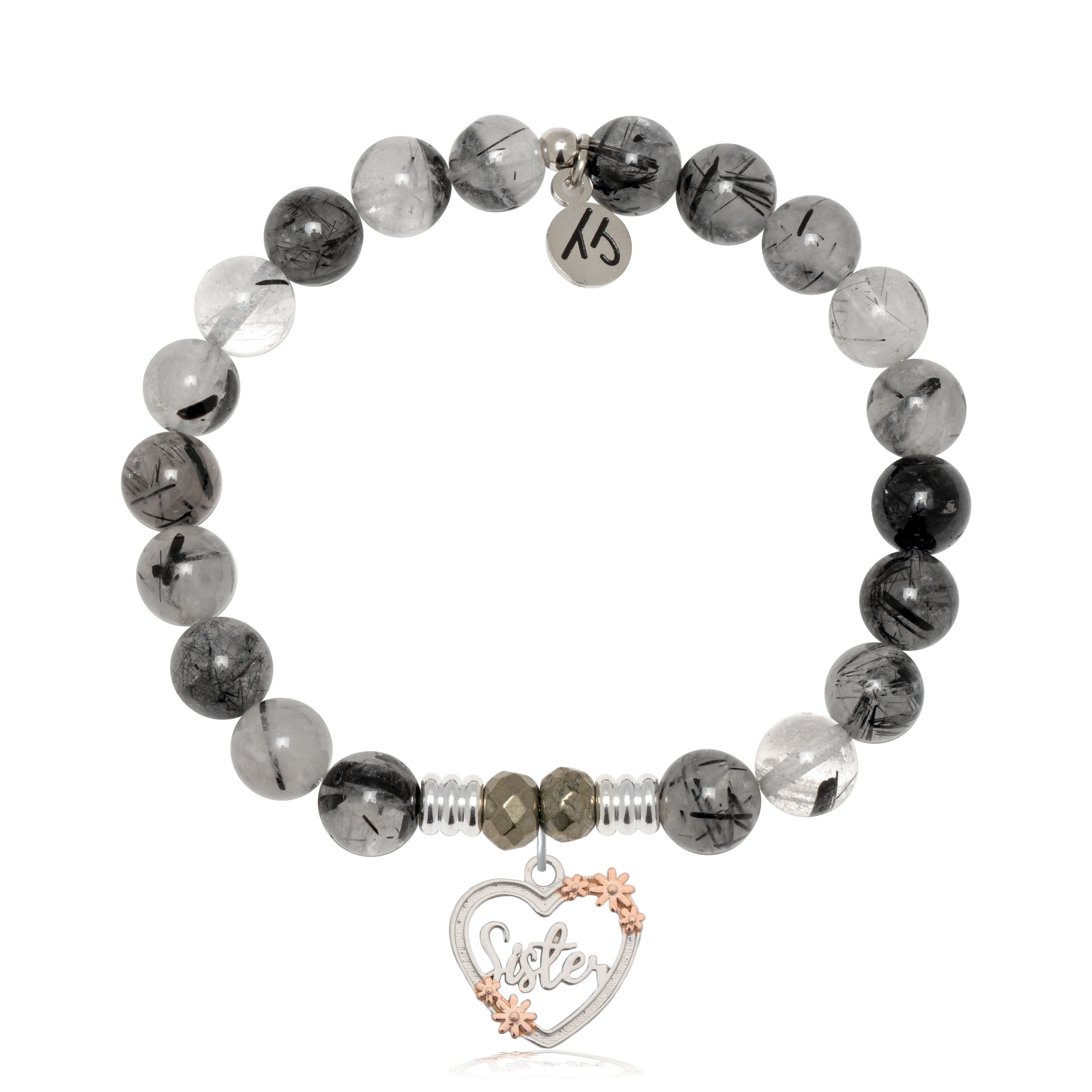 Rutilated Quartz Gemstone Bracelet with Heart Sister Sterling Silver Charm