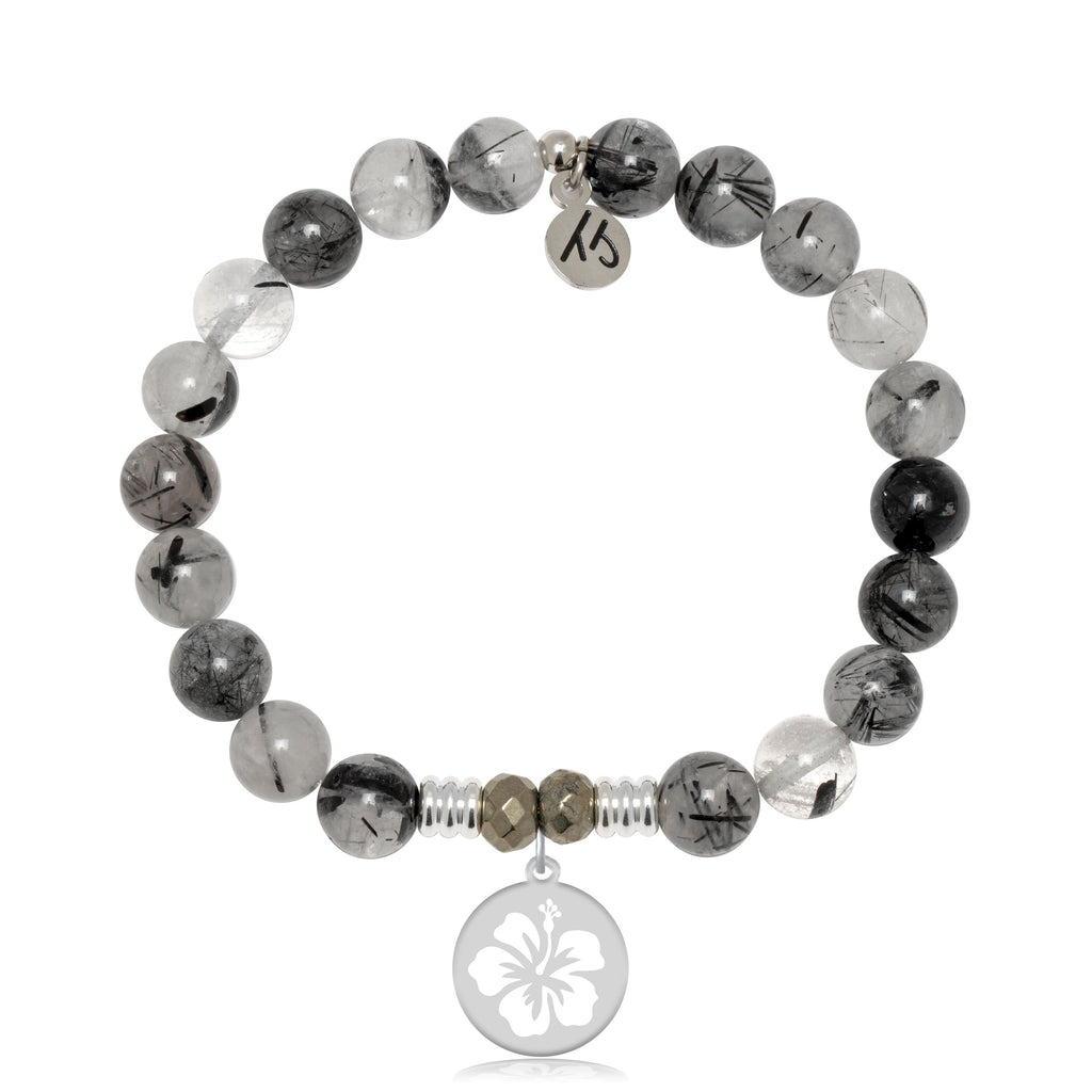 Rutilated Quartz Gemstone Bracelet with Hibiscus Sterling Silver Charm