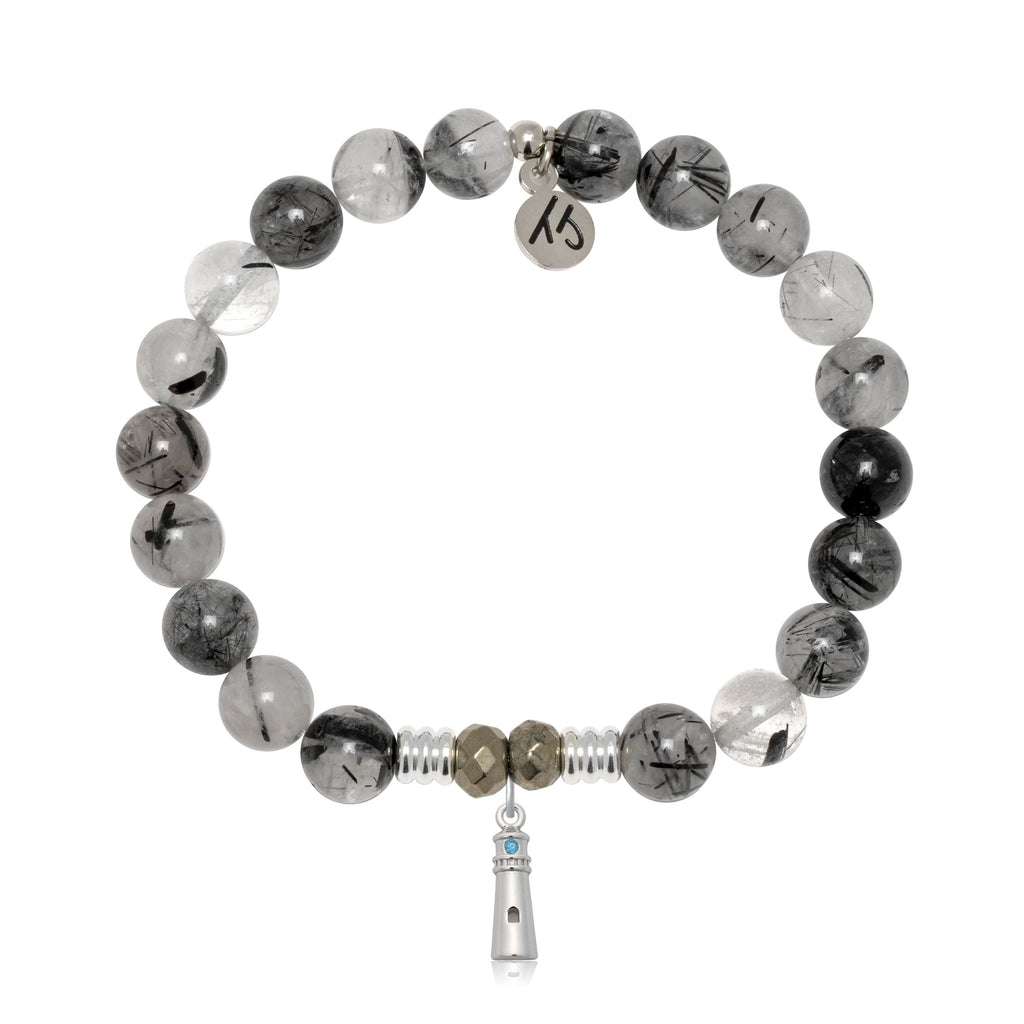 Rutilated Quartz Gemstone Bracelet with Lighthouse Sterling Silver Charm