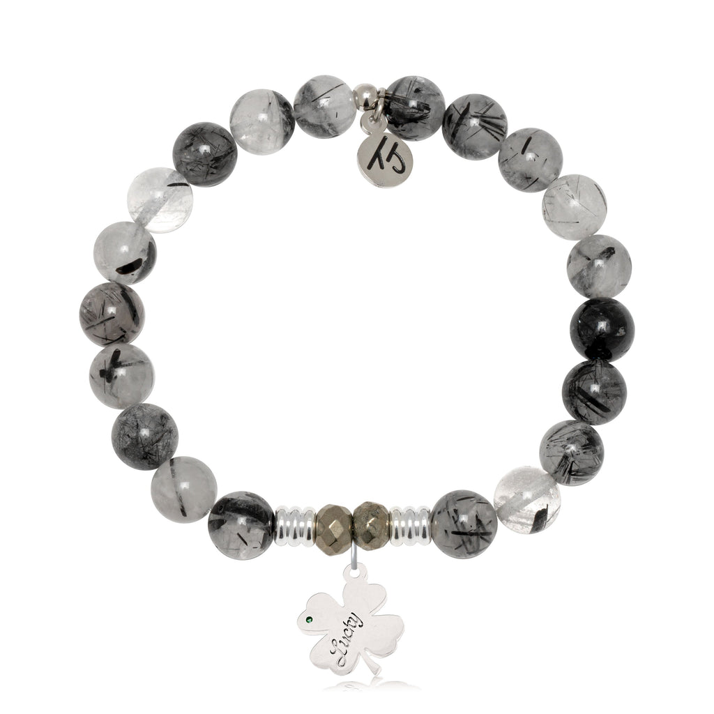 Rutilated Quartz Gemstone Bracelet with Lucky Clover Sterling Silver Charm