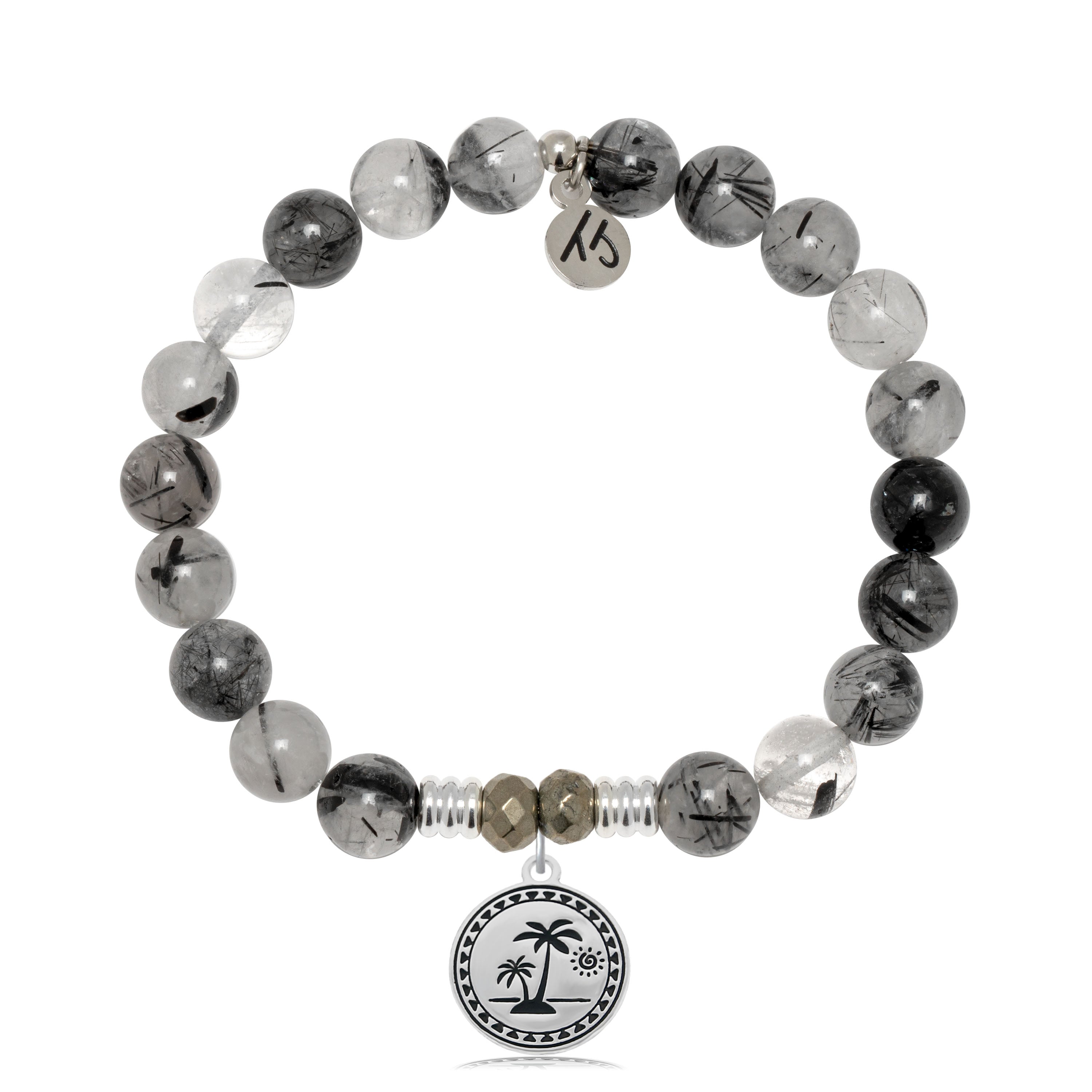 Rutilated Quartz Gemstone Bracelet with Palm Tree Sterling Silver Charm