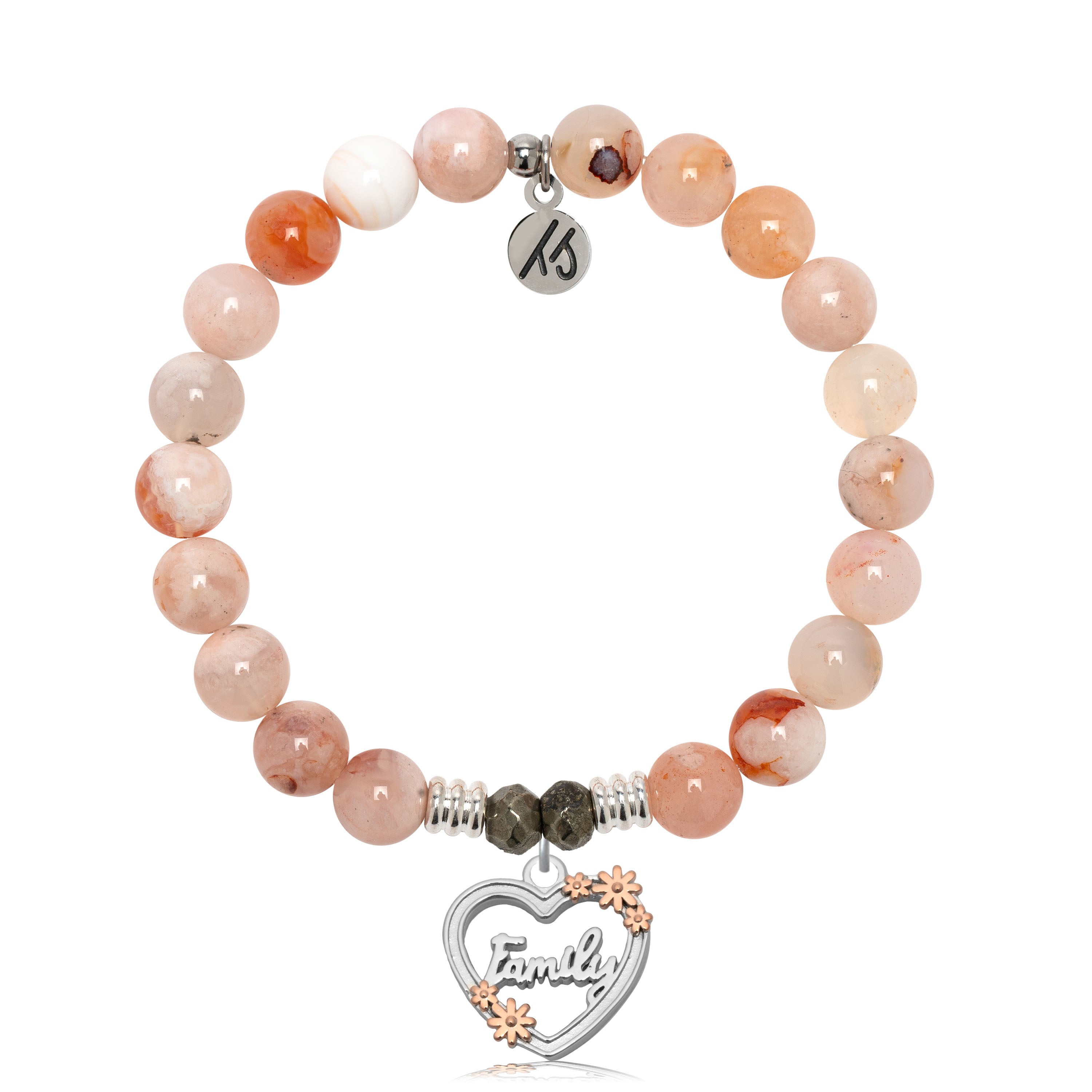 Sakura Agate Gemstone Bracelet with Heart Family Sterling Silver Charm