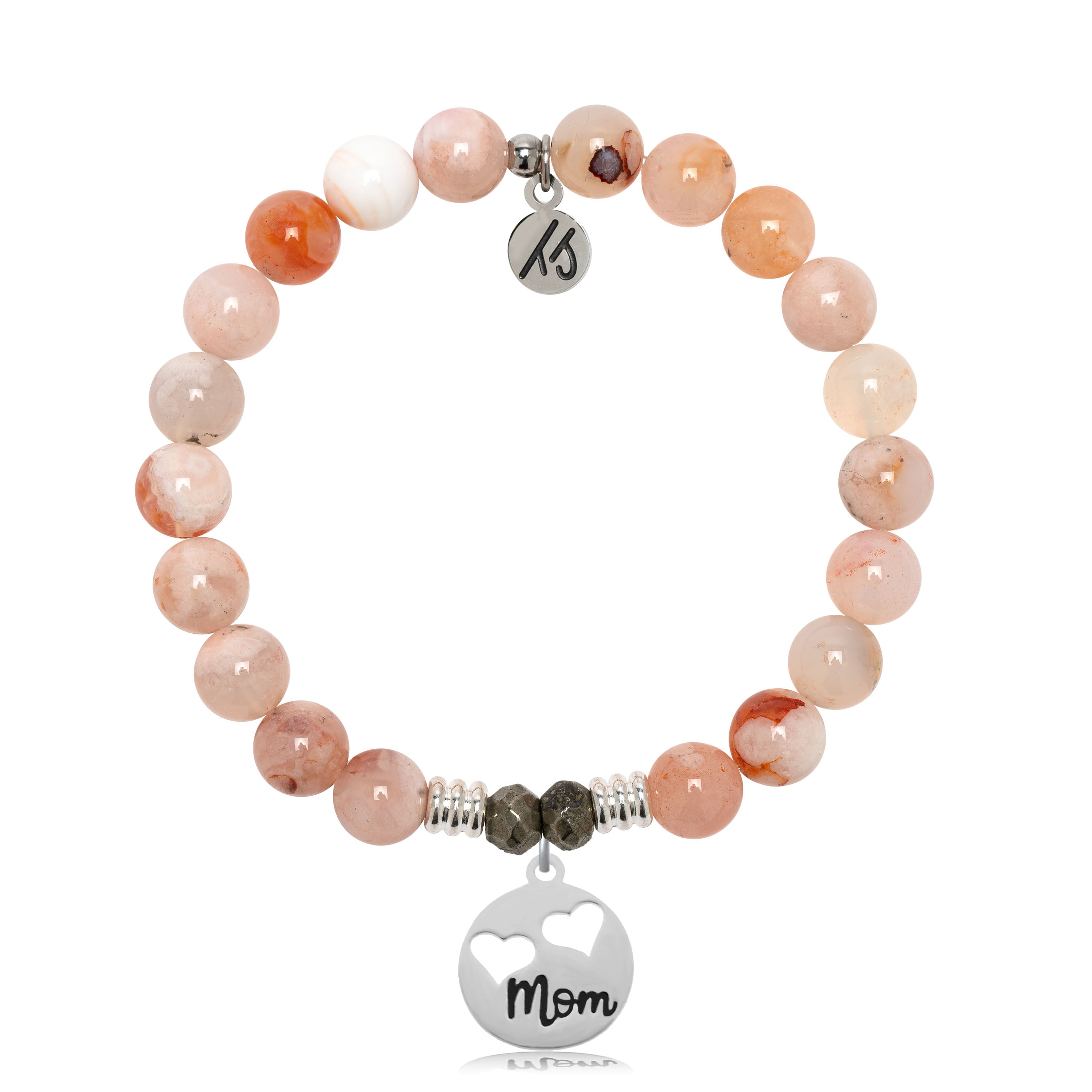Sakura Agate Gemstone Bracelet with Mom Hearts Sterling Silver Charm
