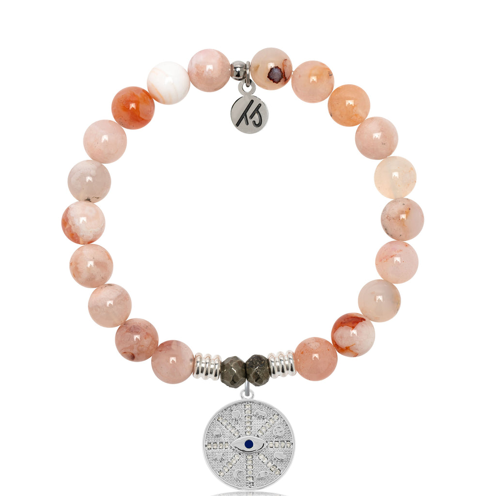 Sakura Agate Gemstone Bracelet with Protection Sterling Silver Charm
