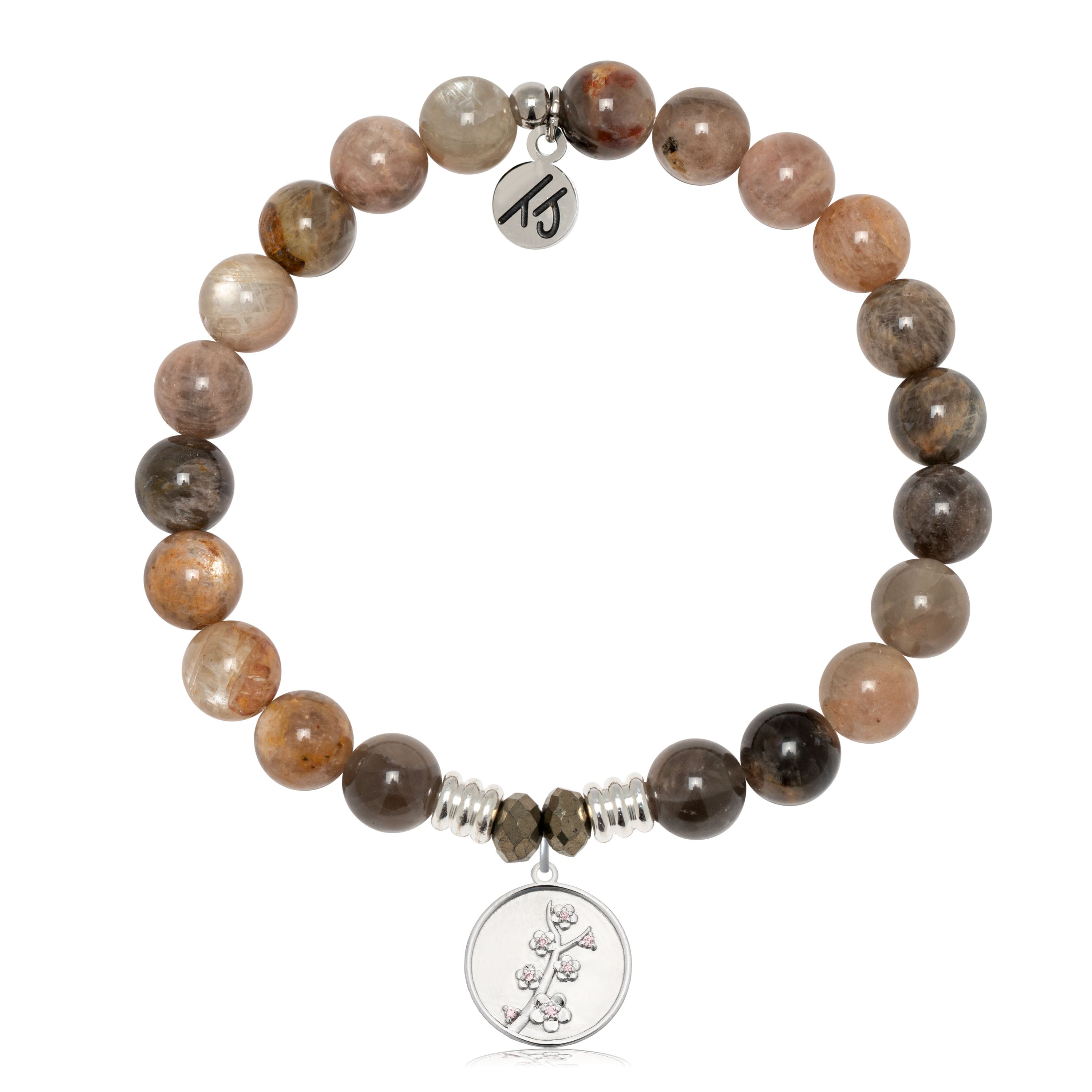 Sand Moonstone Gemstone Bracelet with Cherry Blossom Sterling Silver Charm