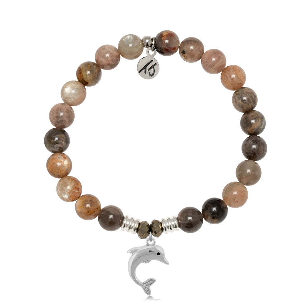 Sand Moonstone Gemstone Bracelet with Dolphin Sterling Silver Charm