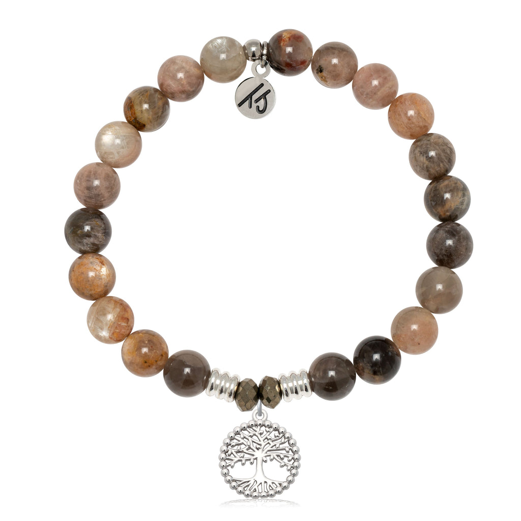 Sand Moonstone Gemstone Bracelet with Family Tree Sterling Silver Charm