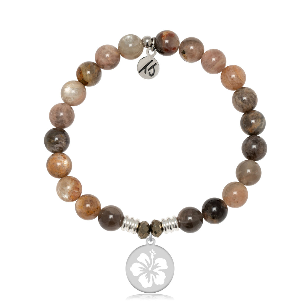Sand Moonstone Gemstone Bracelet with Hibiscus Sterling Silver Charm