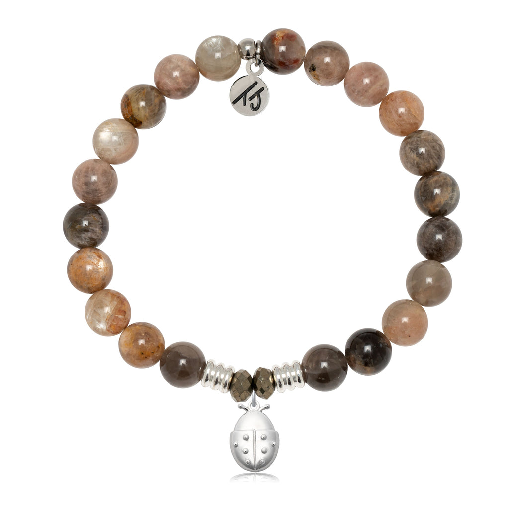 Sand Moonstone Gemstone Bracelet with Ladybug Sterling Silver Charm