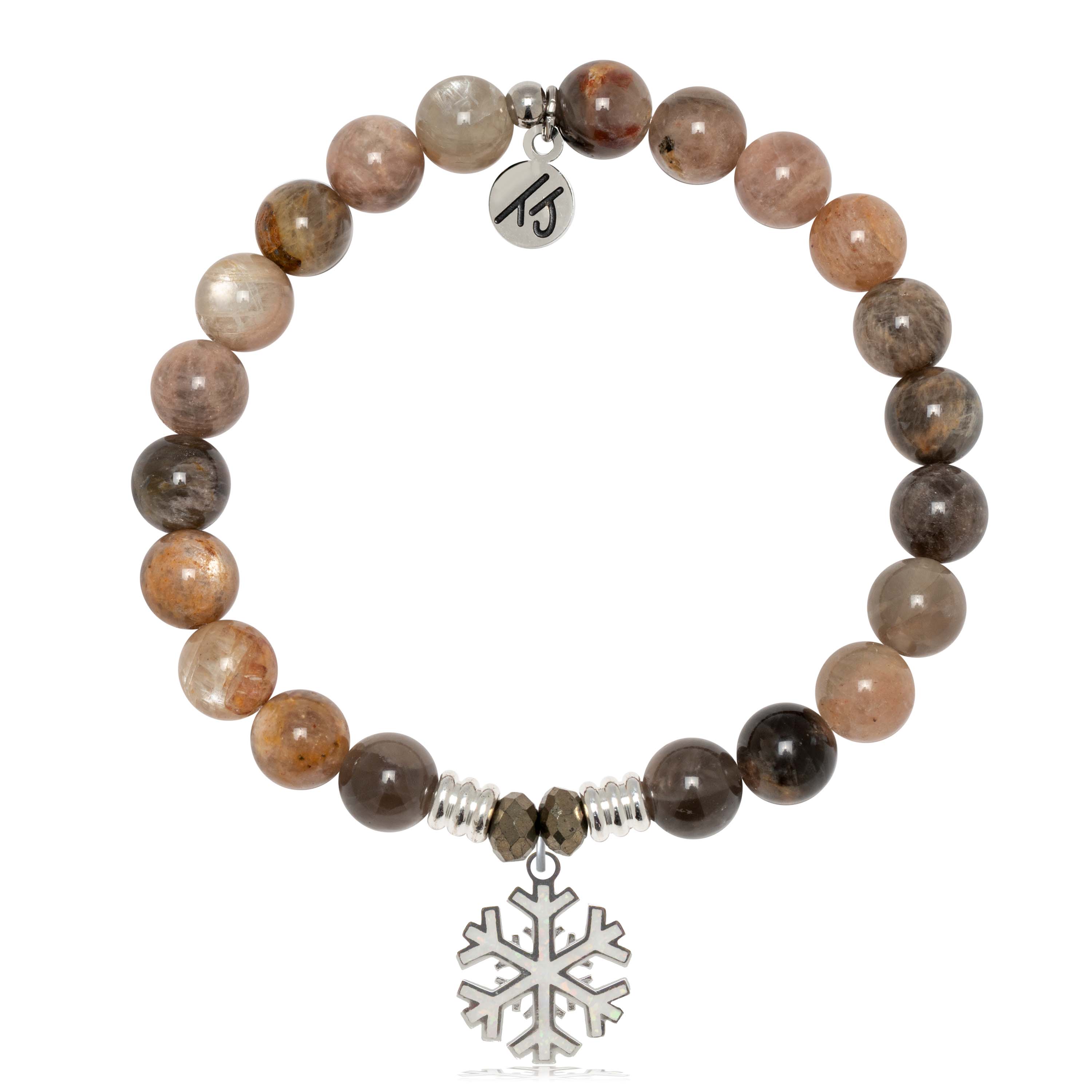 Sand Moonstone Gemstone Bracelet with Snowflake Opal Sterling Silver Charm