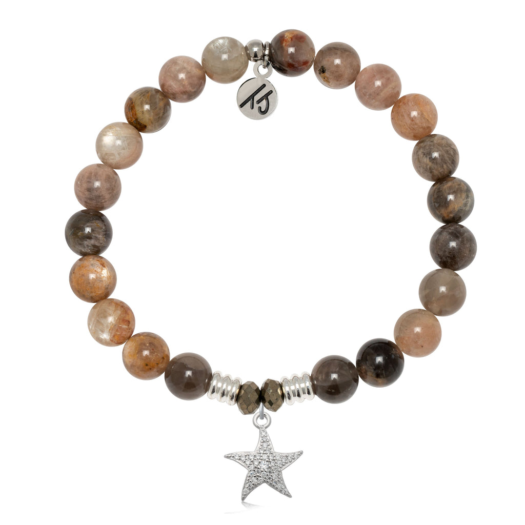 Sand Moonstone Gemstone Bracelet with Starfish CZ Sterling Silver Charm