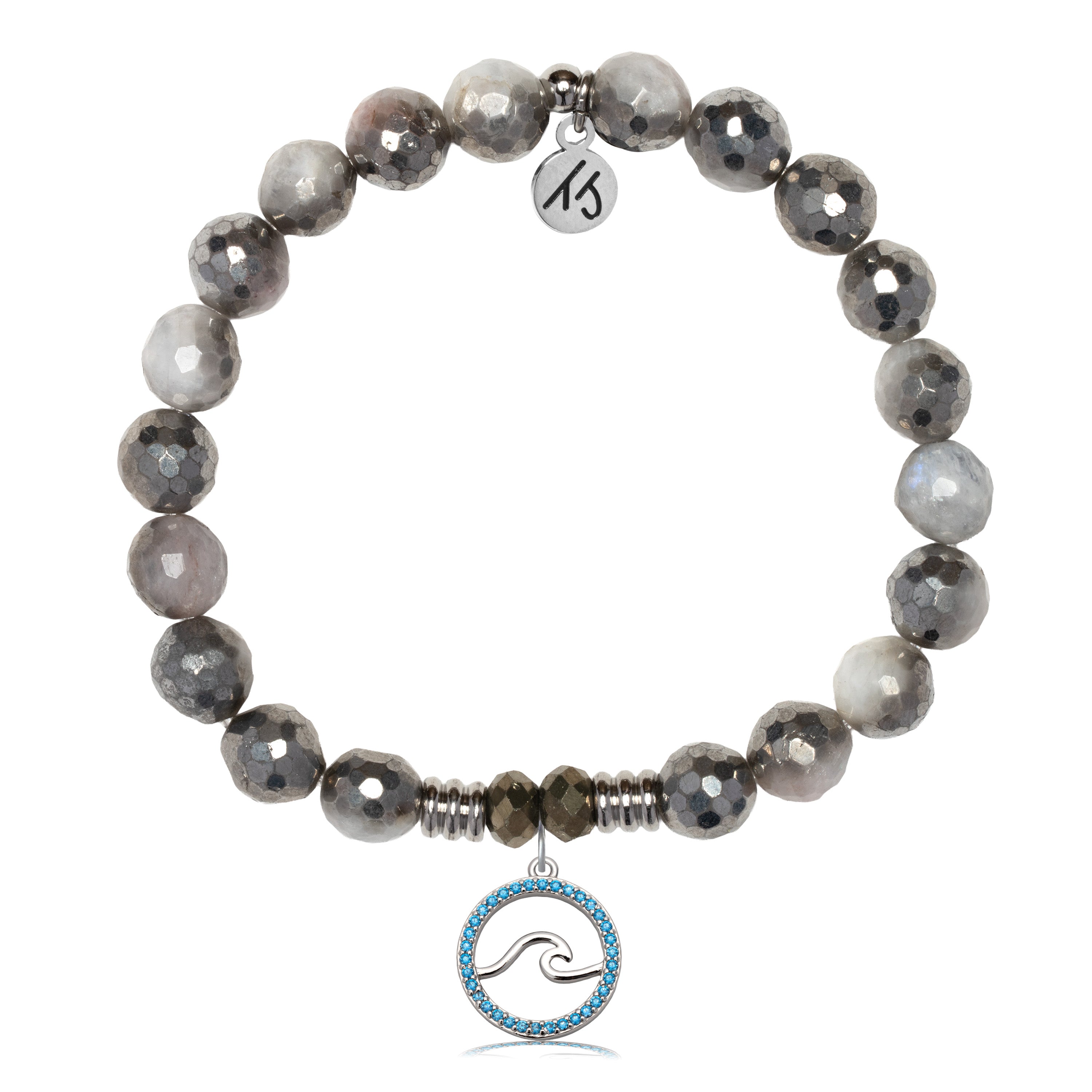 Silver Dipped White Moonstone Gemstone Bracelet with Serenity Wave Sterling Silver Charm
