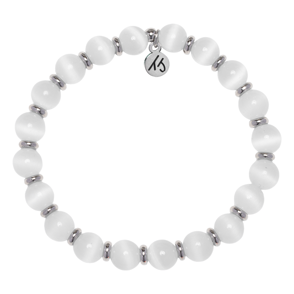 Silver Empowered Elegance Collection- White Cats Eye Gemstone Bracelet