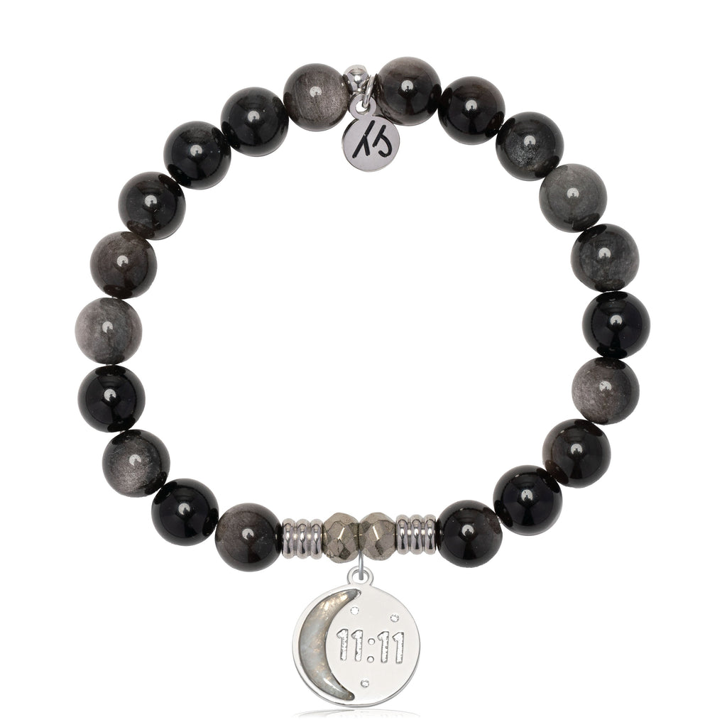 Silver Obsidian Gemstone Bracelet with 11:11 Sterling Silver Charm