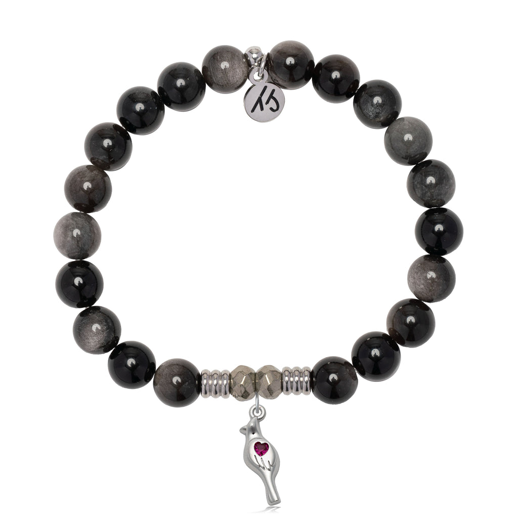 Silver Obsidian Gemstone Bracelet with Cardinal CZ Sterling Silver Charm