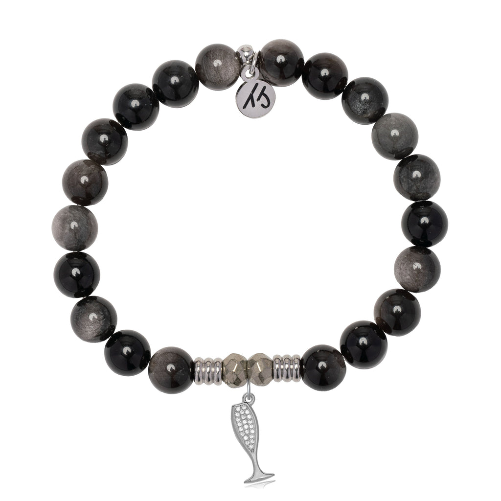 Silver Obsidian Gemstone Bracelet with Cheers Sterling Silver Charm